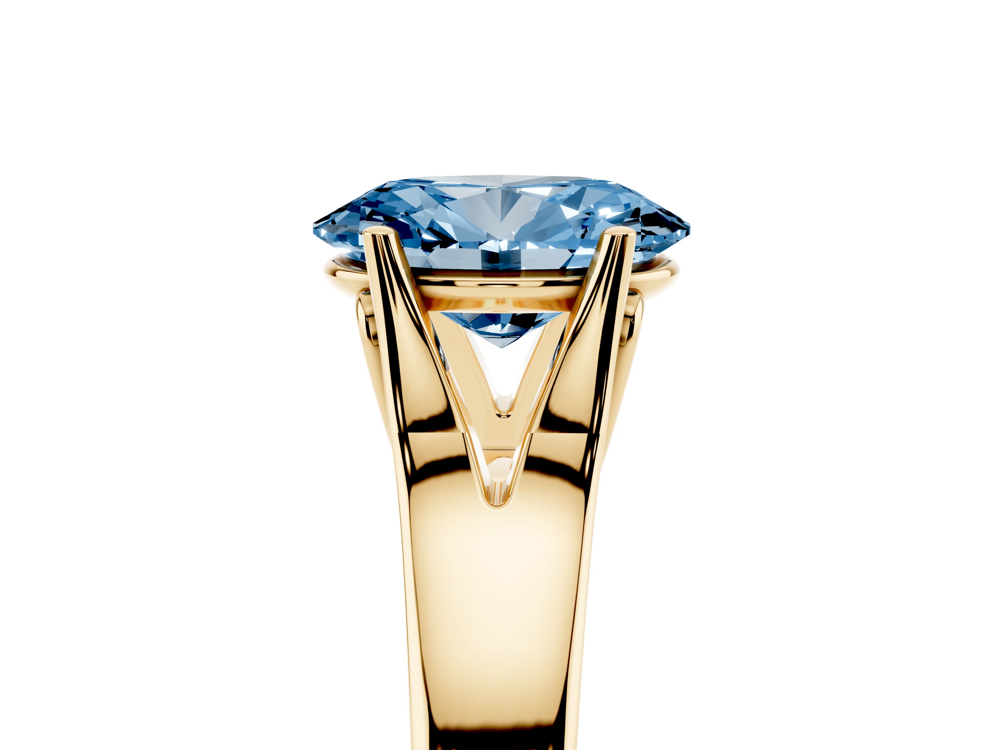 Fancy Blue Oval Cut Diamond Solitaire Ring Set in Yellow gold with Arched Cathedral Band and Prong Setting