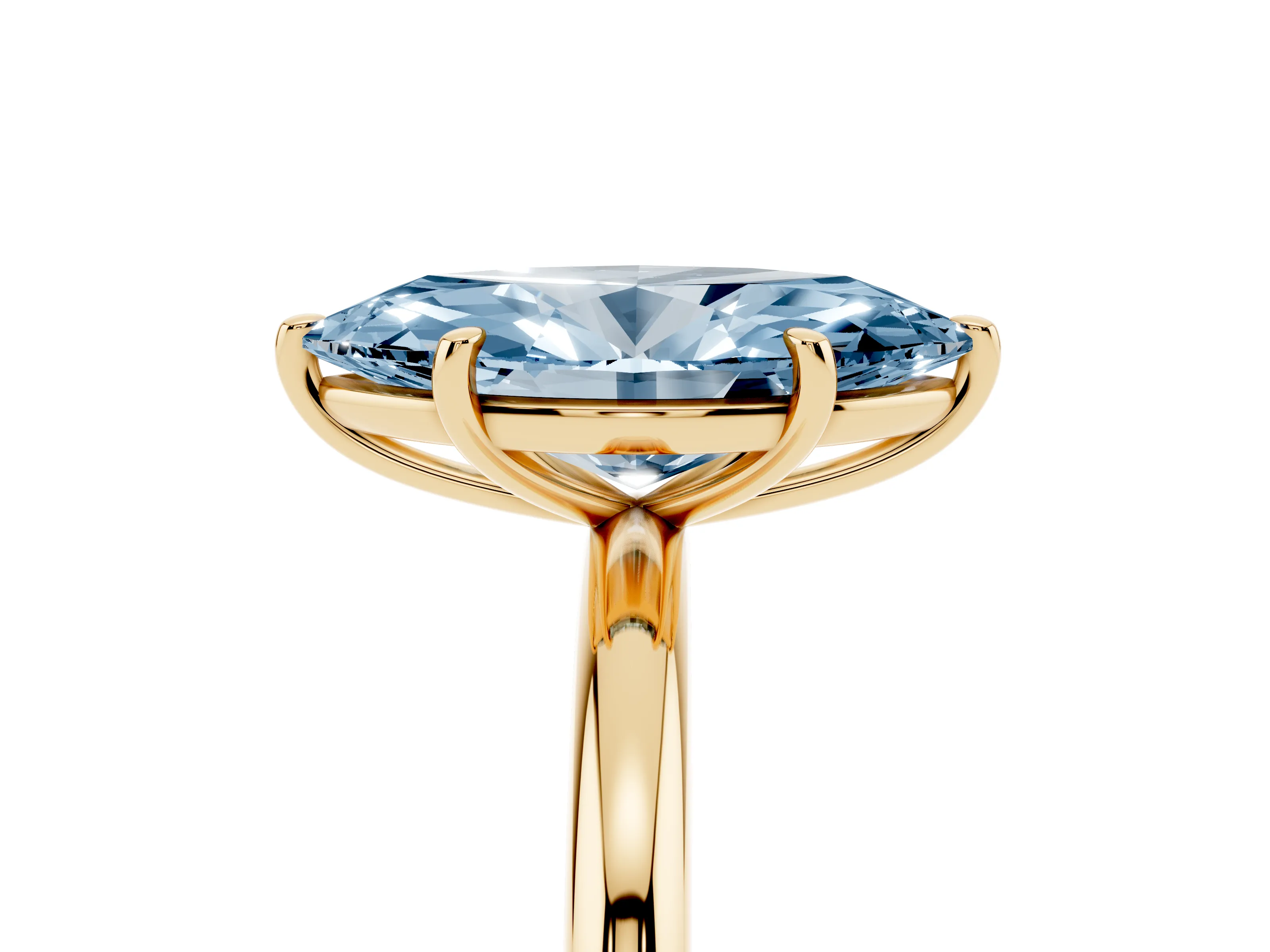 Fancy Blue Oval Cut Diamond Solitaire Ring Set in Yellow gold with Prong Setting on a Polished Plain Band