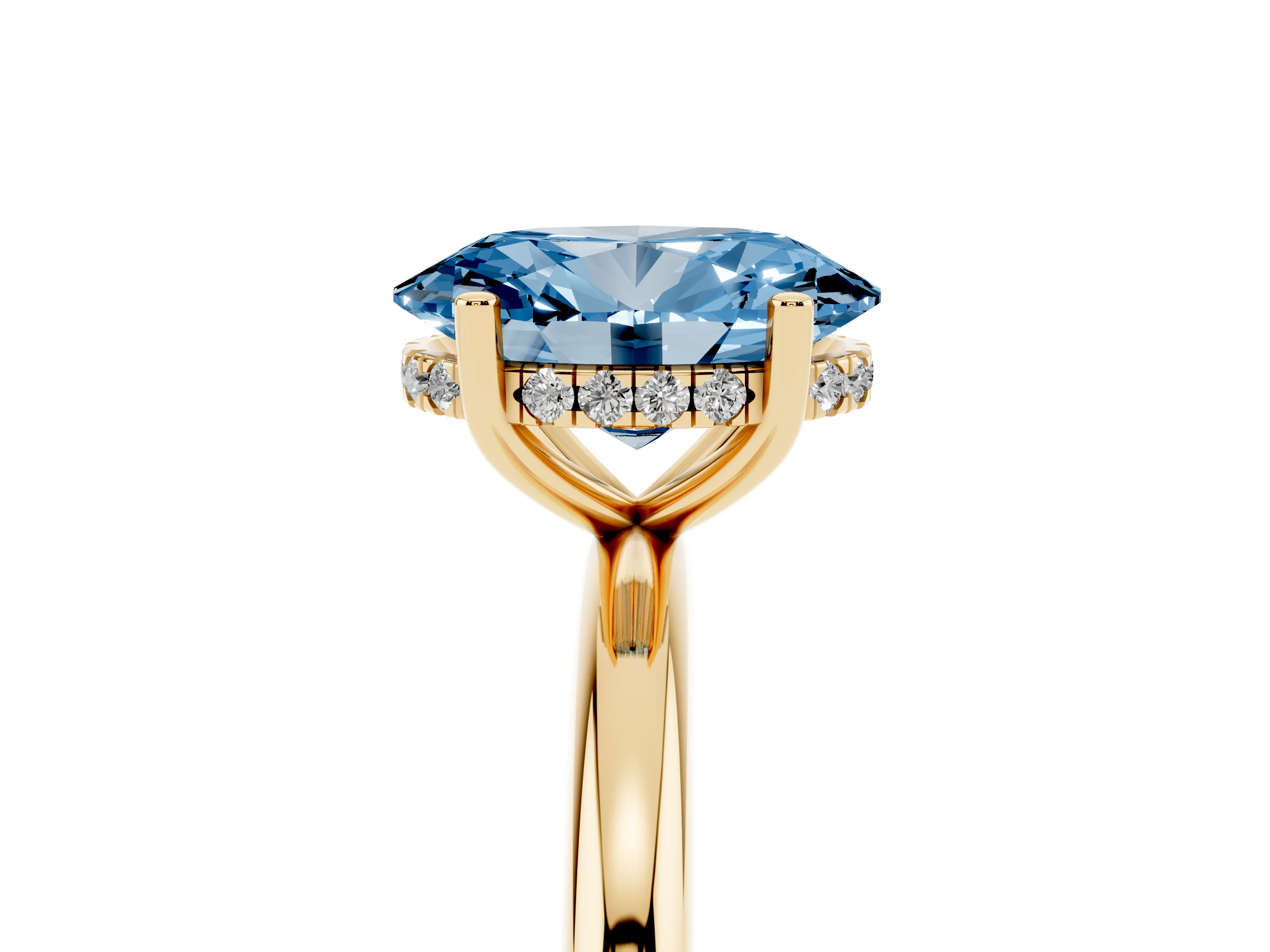 Fancy Blue Oval Cut Diamond Solitaire Engagement Ring Set in Yellow gold with Prong Setting and Polished Band