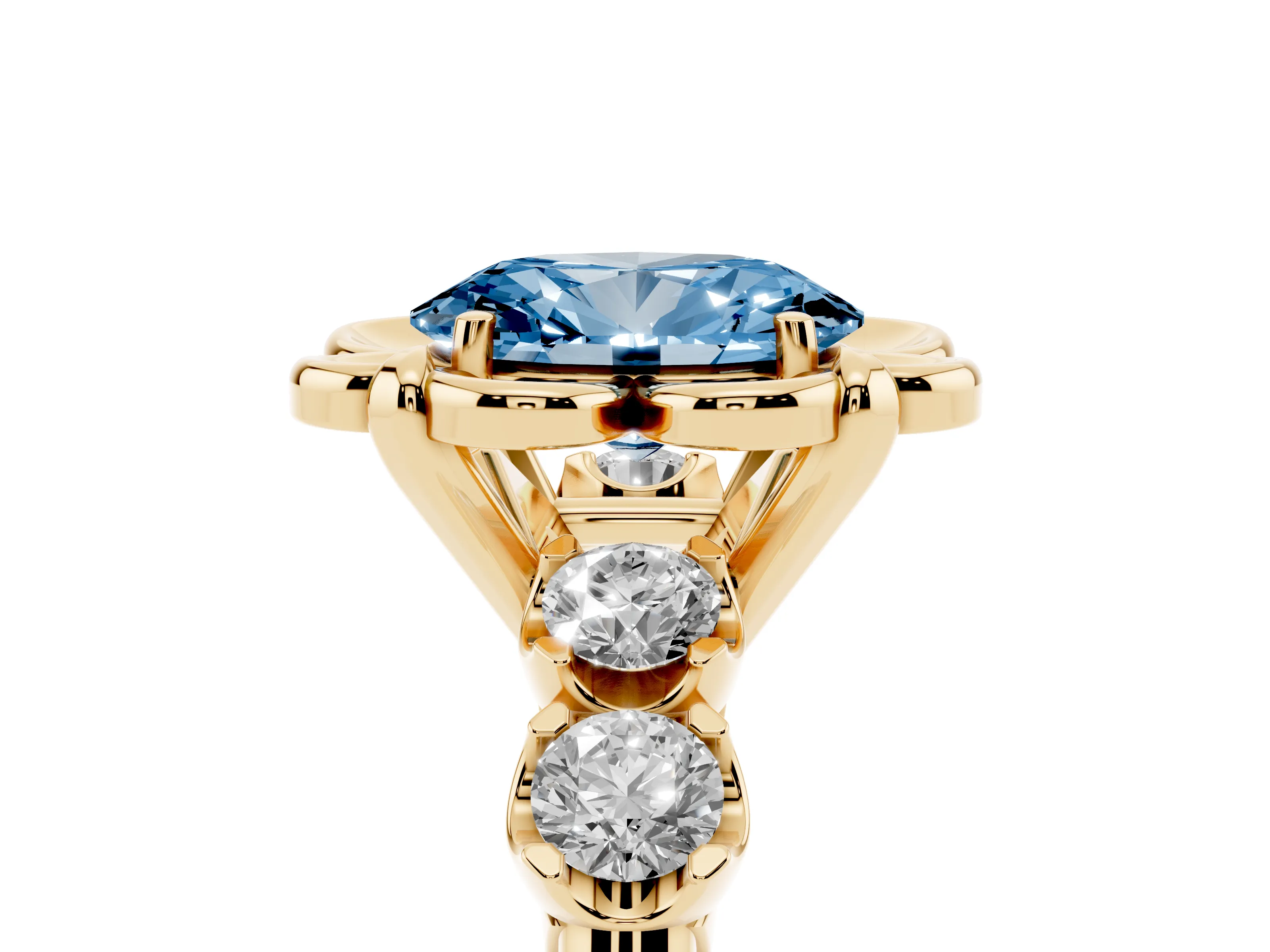 Fancy Blue Oval Cut Diamond Floral Halo Ring Set in Yellow gold with Shared Prong Band