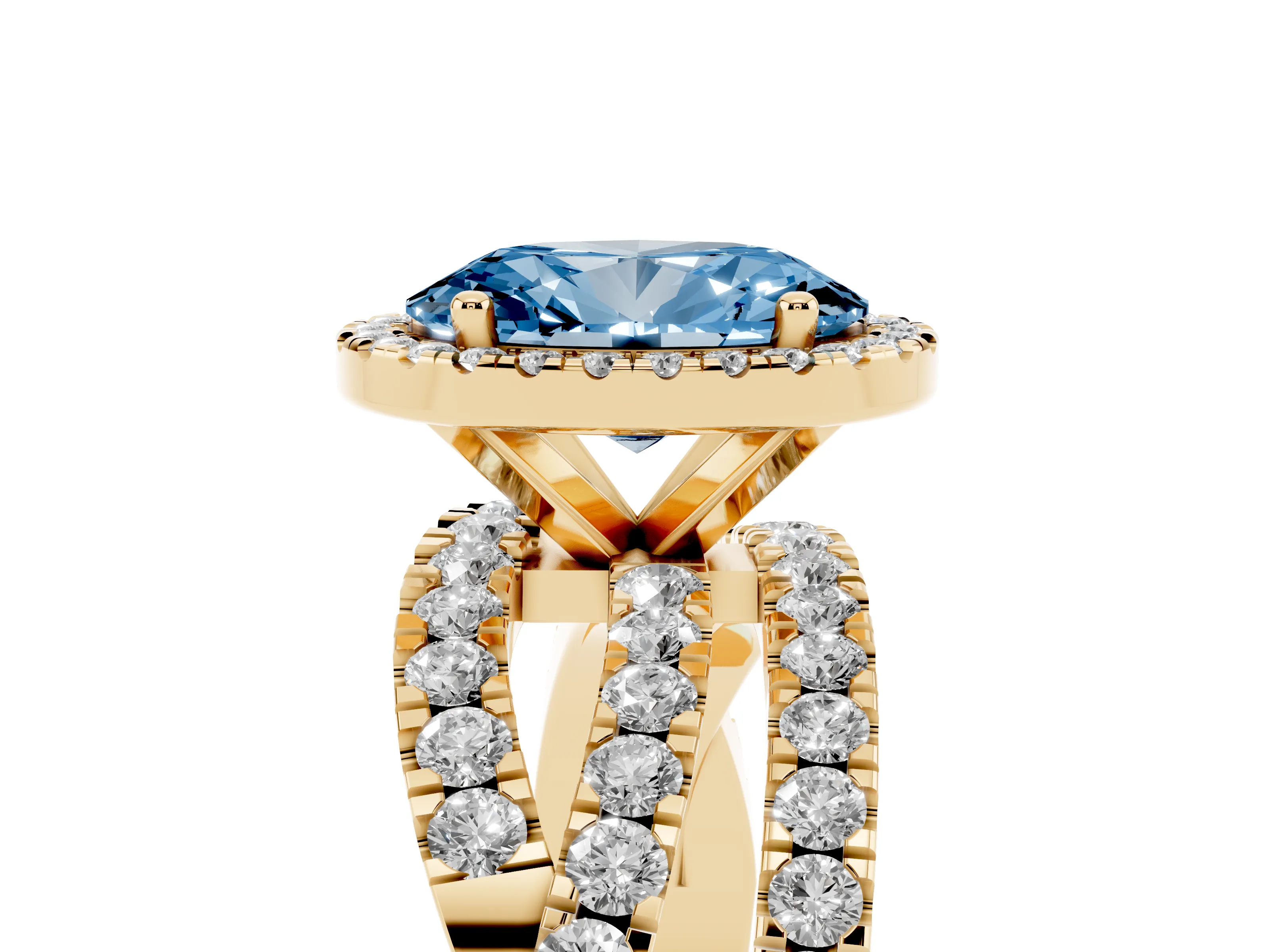 Fancy Blue Oval Cut Diamond Halo Ring Set in Yellow gold with Round Crossover Split Shank and Prong Setting