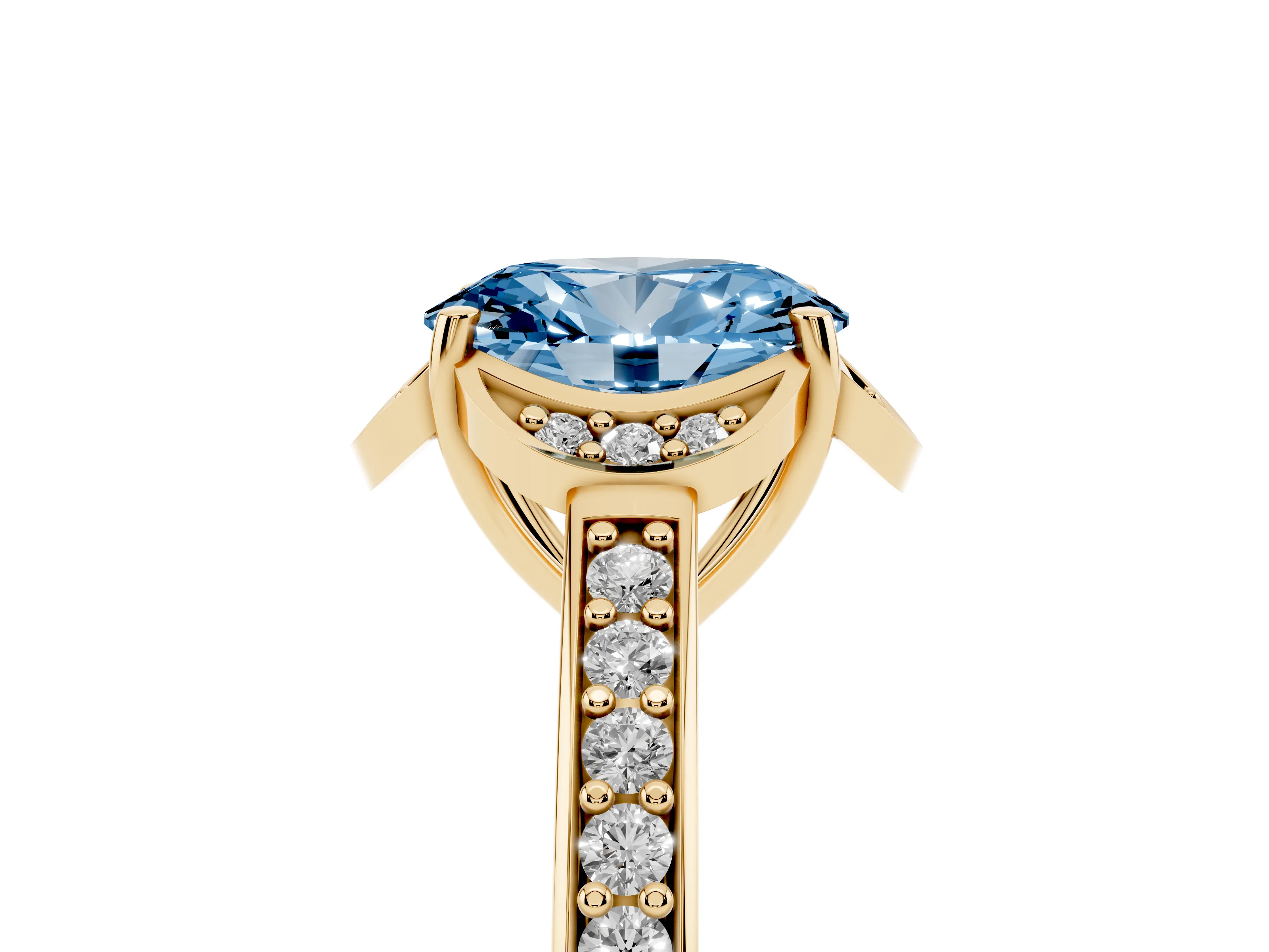Fancy Blue Oval Cut Diamond Halo Ring Set in Yellow gold with Channel Set Band and Prong Setting