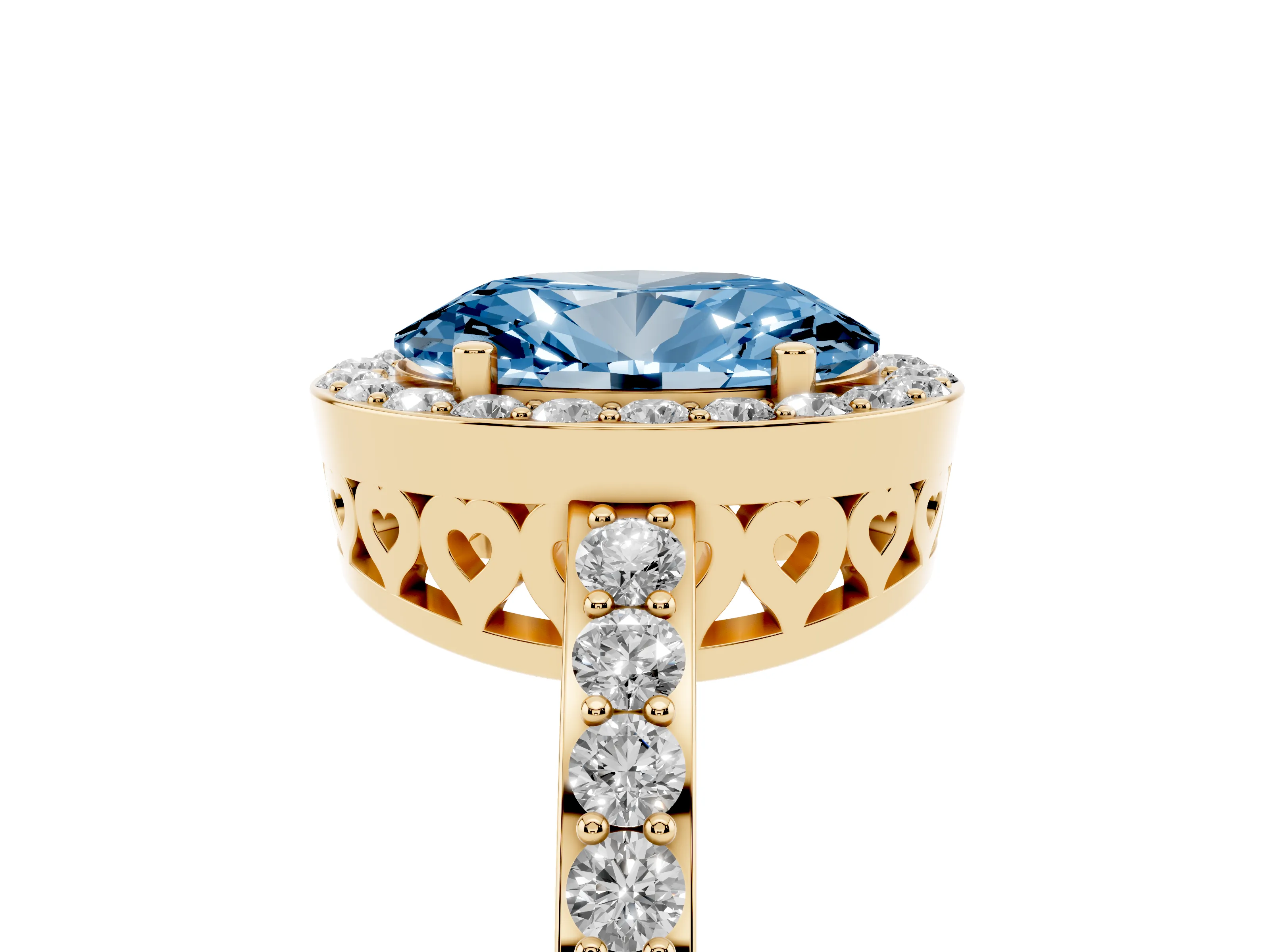 Fancy Blue Oval Cut Diamond Halo Ring Set in Yellow gold with Pavé-Setting Band and Open Prong Center
