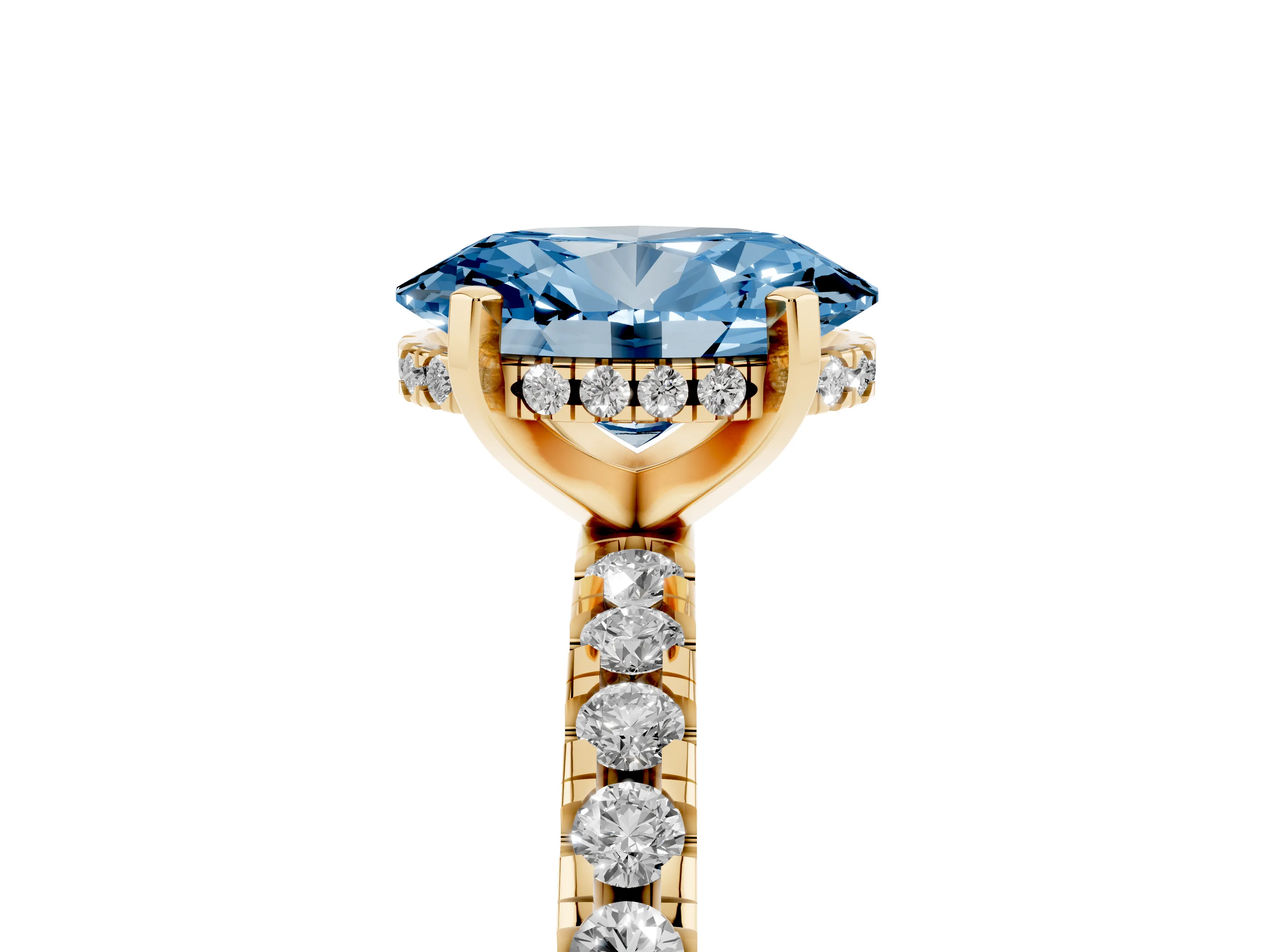 Fancy Blue Oval Cut Diamond Pavé Solitaire Ring Set in Yellow gold with Round Band Accents and Prong Setting