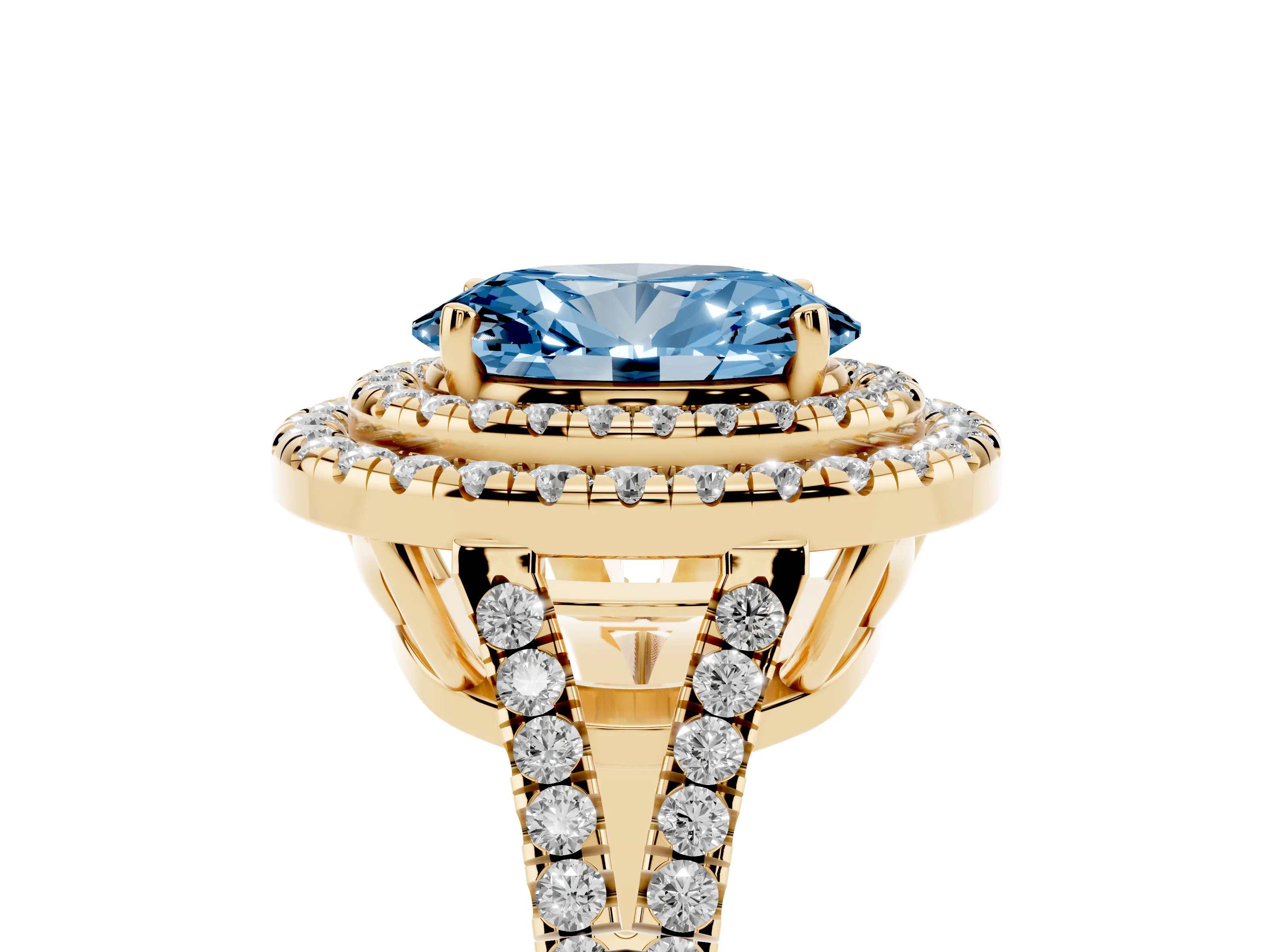 Fancy Blue Oval Cut Diamond Double Halo Ring Set in Yellow gold with Pavé Band