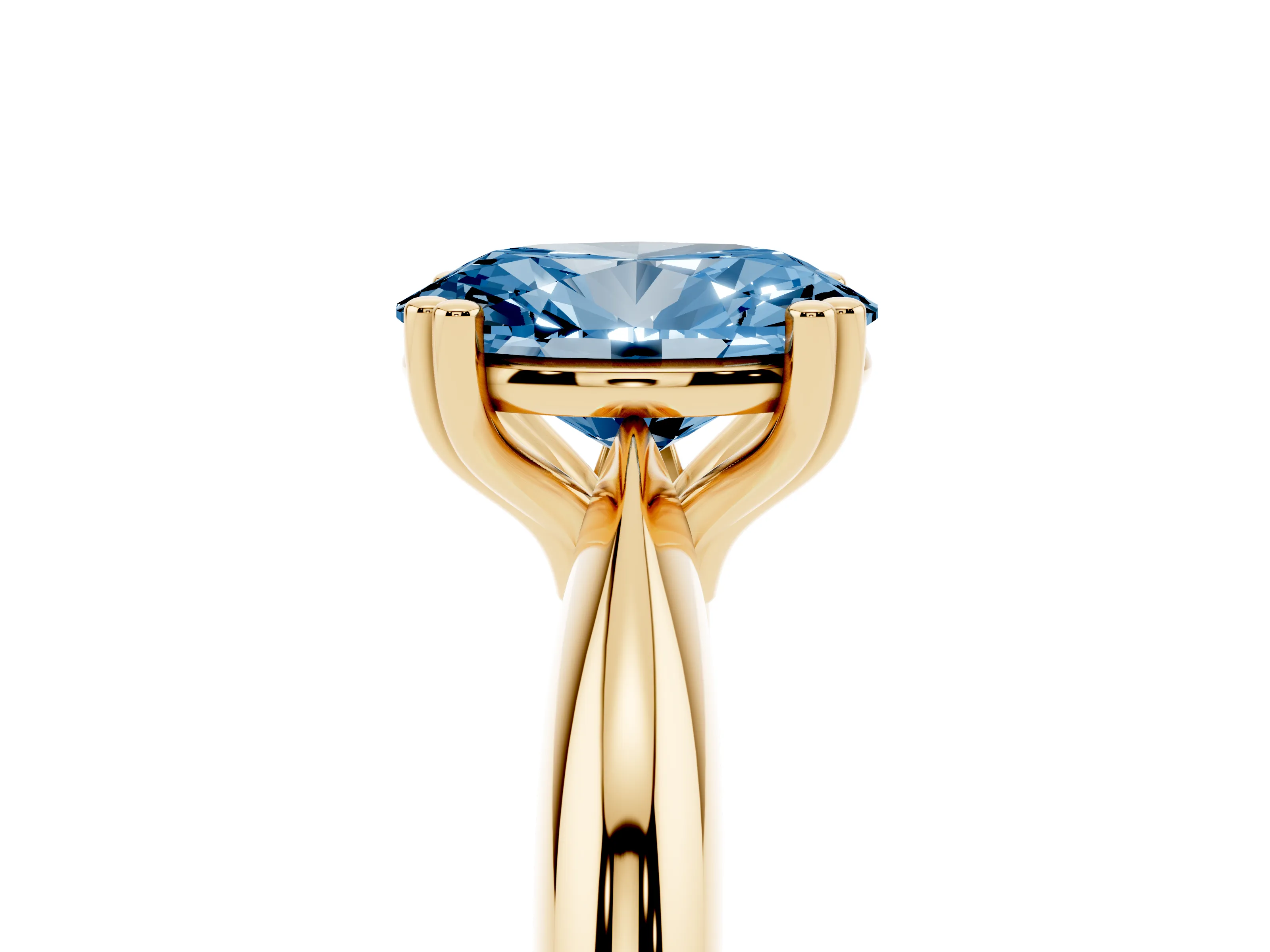 Fancy Blue Oval Cut Diamond Solitaire Engagement Ring Set in Yellow gold with Tapered Band and Prong Setting