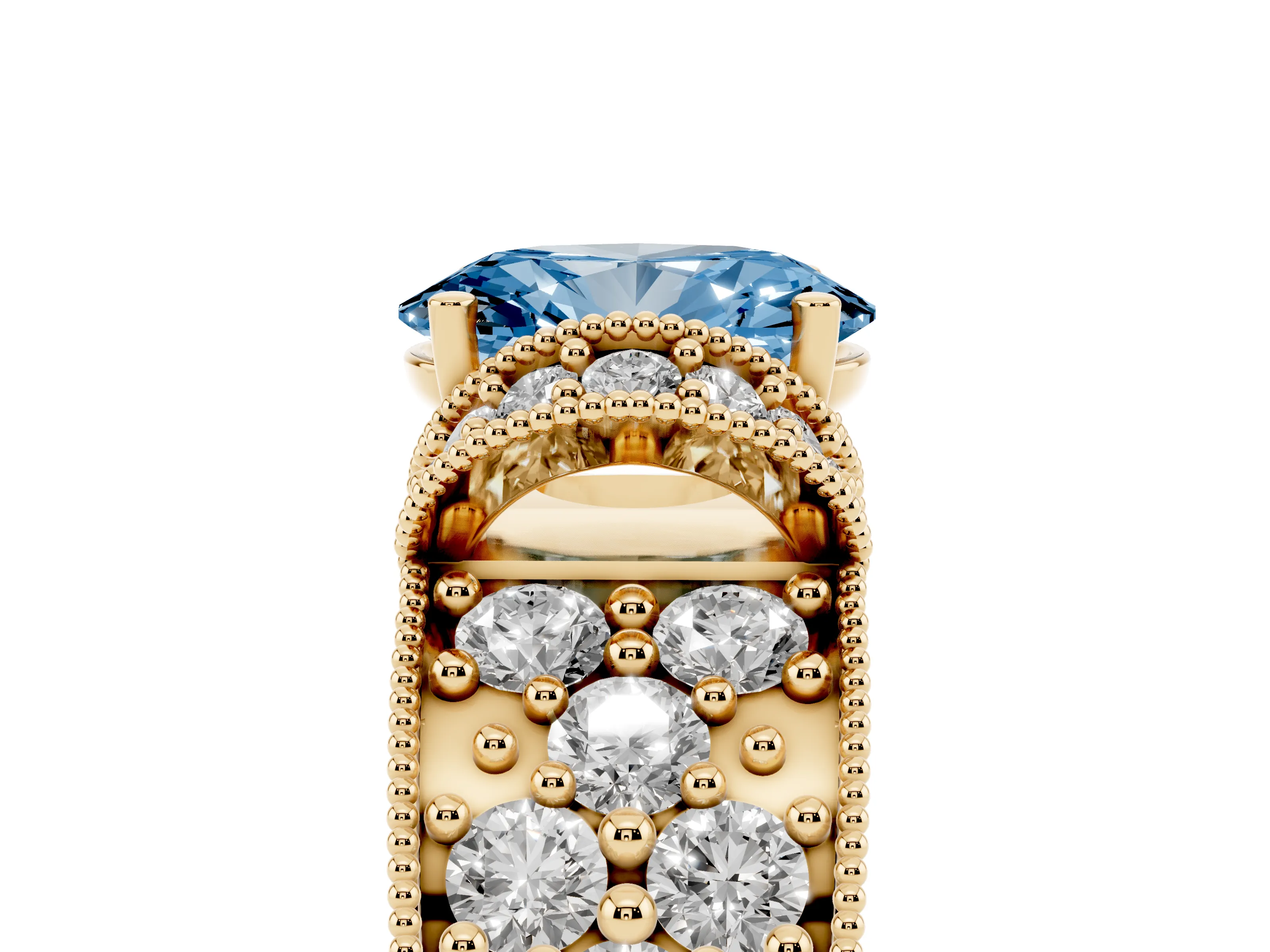 Fancy Blue Oval Cut Diamond Milgrain Halo Pavé Engagement Ring Set in Yellow gold with Prong Setting