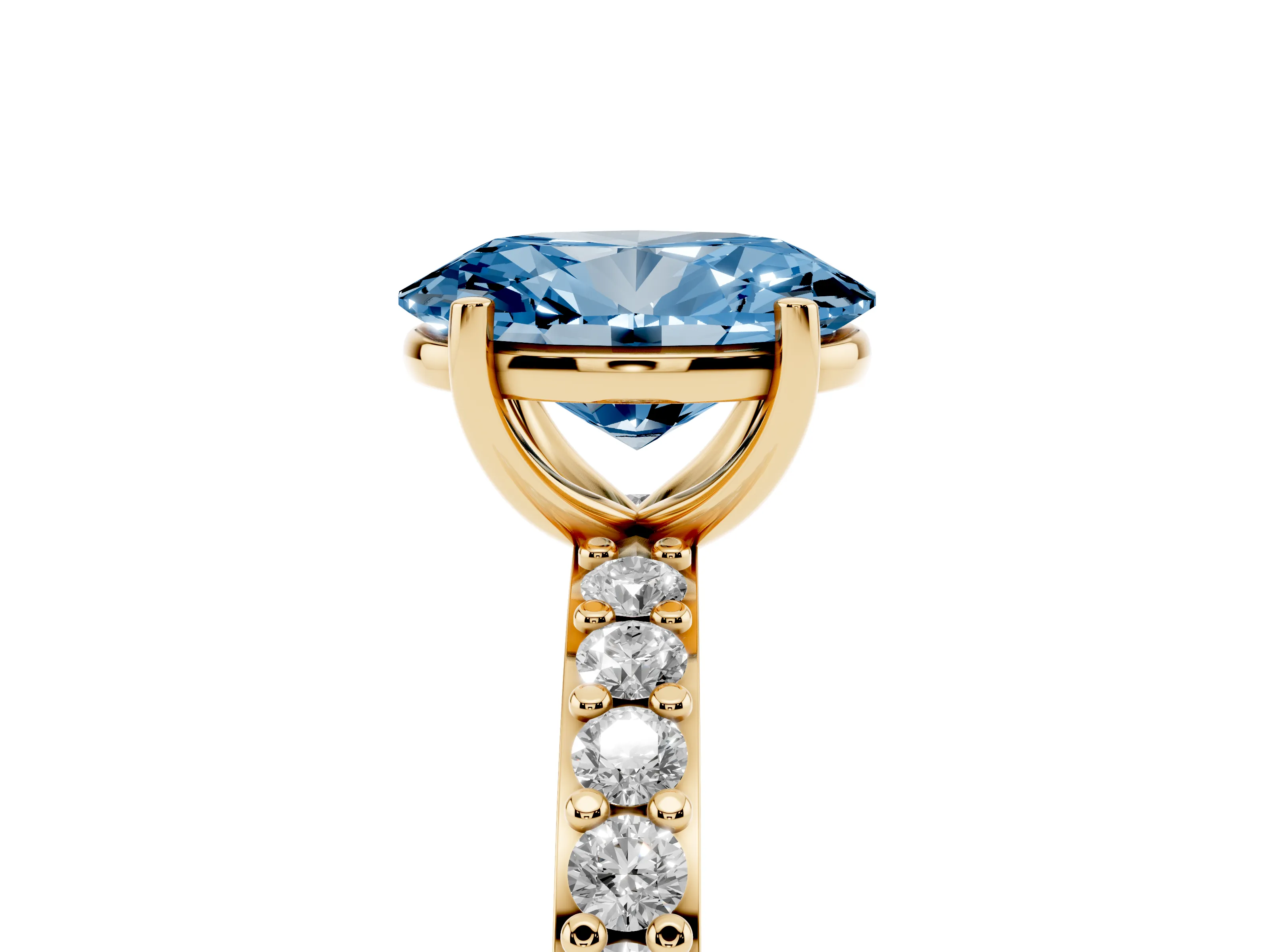 Fancy Blue Oval Cut Diamond Solitaire Set in Yellow gold with Round Pavé Band and Prong Setting
