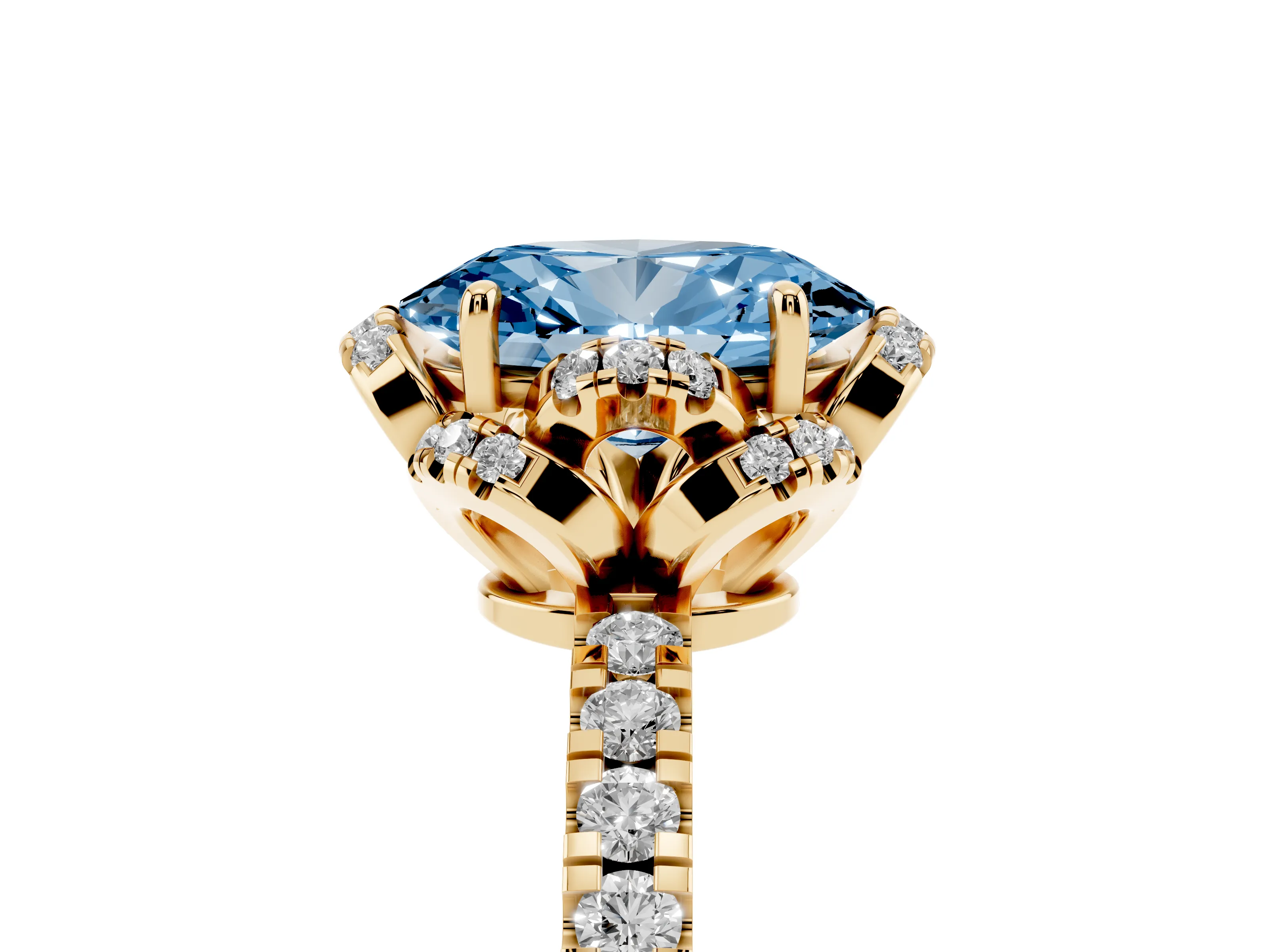 Fancy Blue Oval Cut Diamond Halo Pavé Band Ring Set in Yellow gold with Prong-Held Center