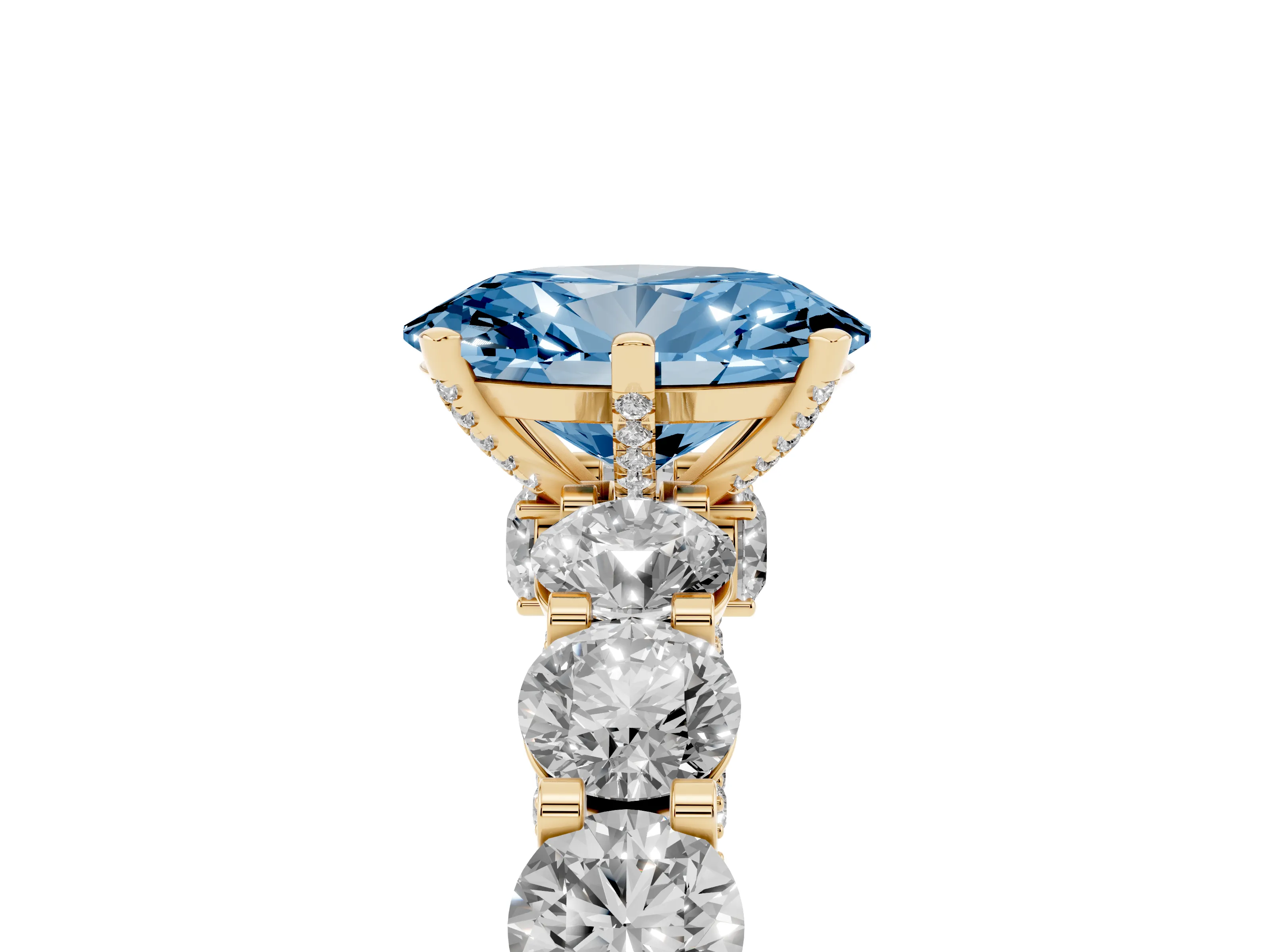 Fancy Blue Oval Cut Diamond Side Stone Ring Set in Yellow gold with Alternating Round and Oval Side Stones
