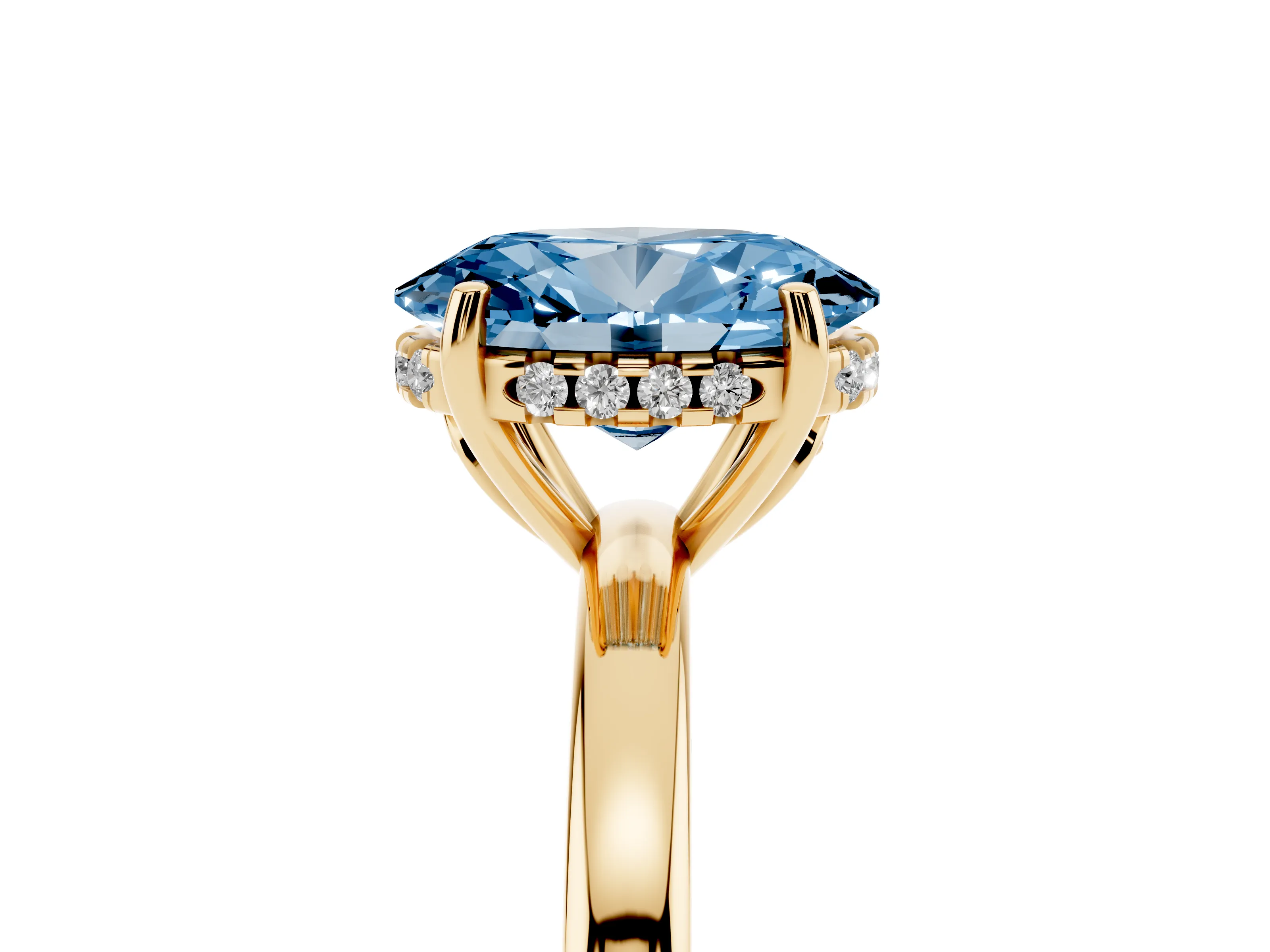 Fancy Blue Oval Cut Diamond Solitaire Ring Set in Yellow gold with Plain Band and Prong Setting