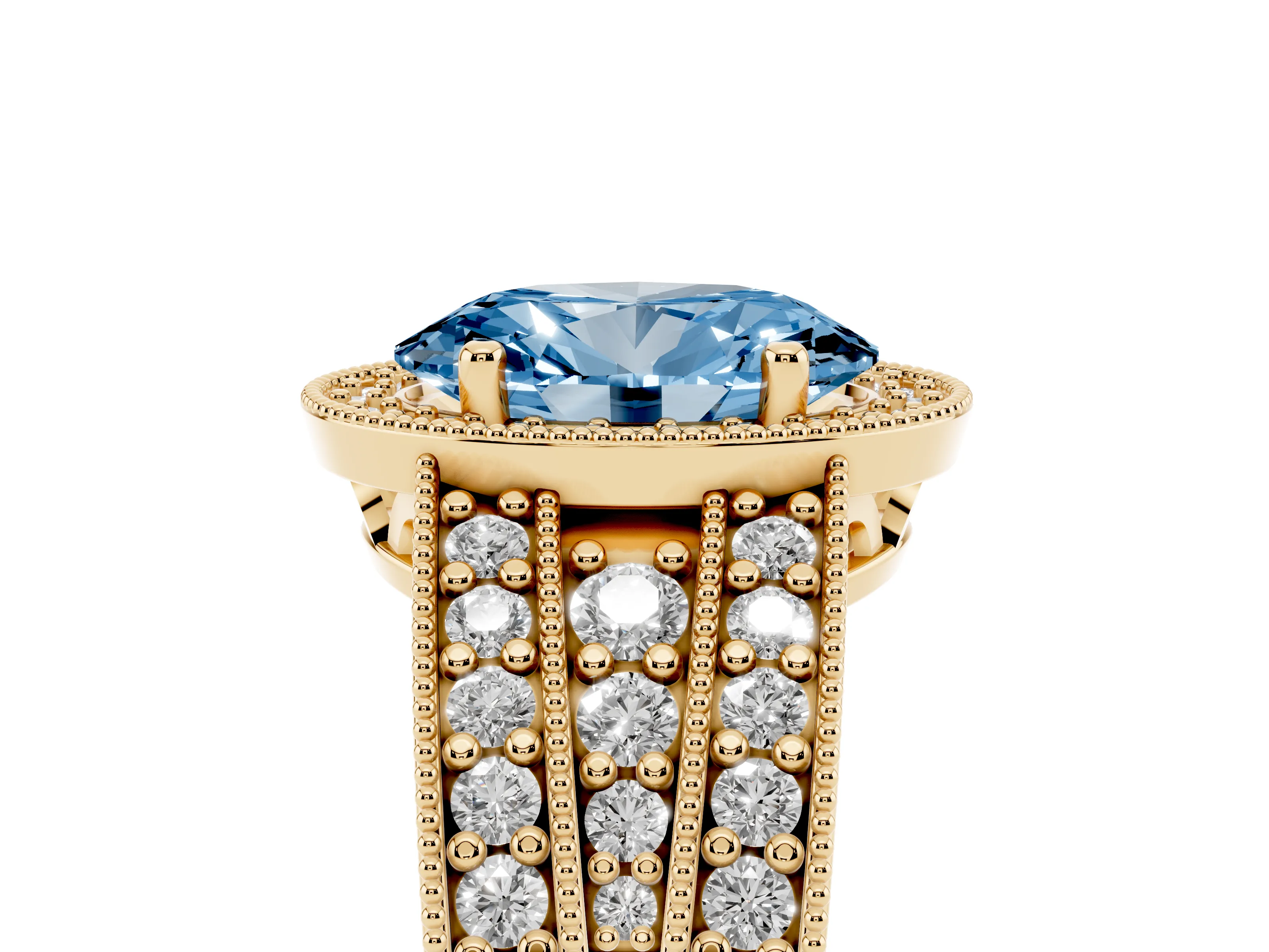 Fancy Blue Oval Cut Diamond Halo Ring Set in Yellow gold with Accent Split Shank and Prong Setting