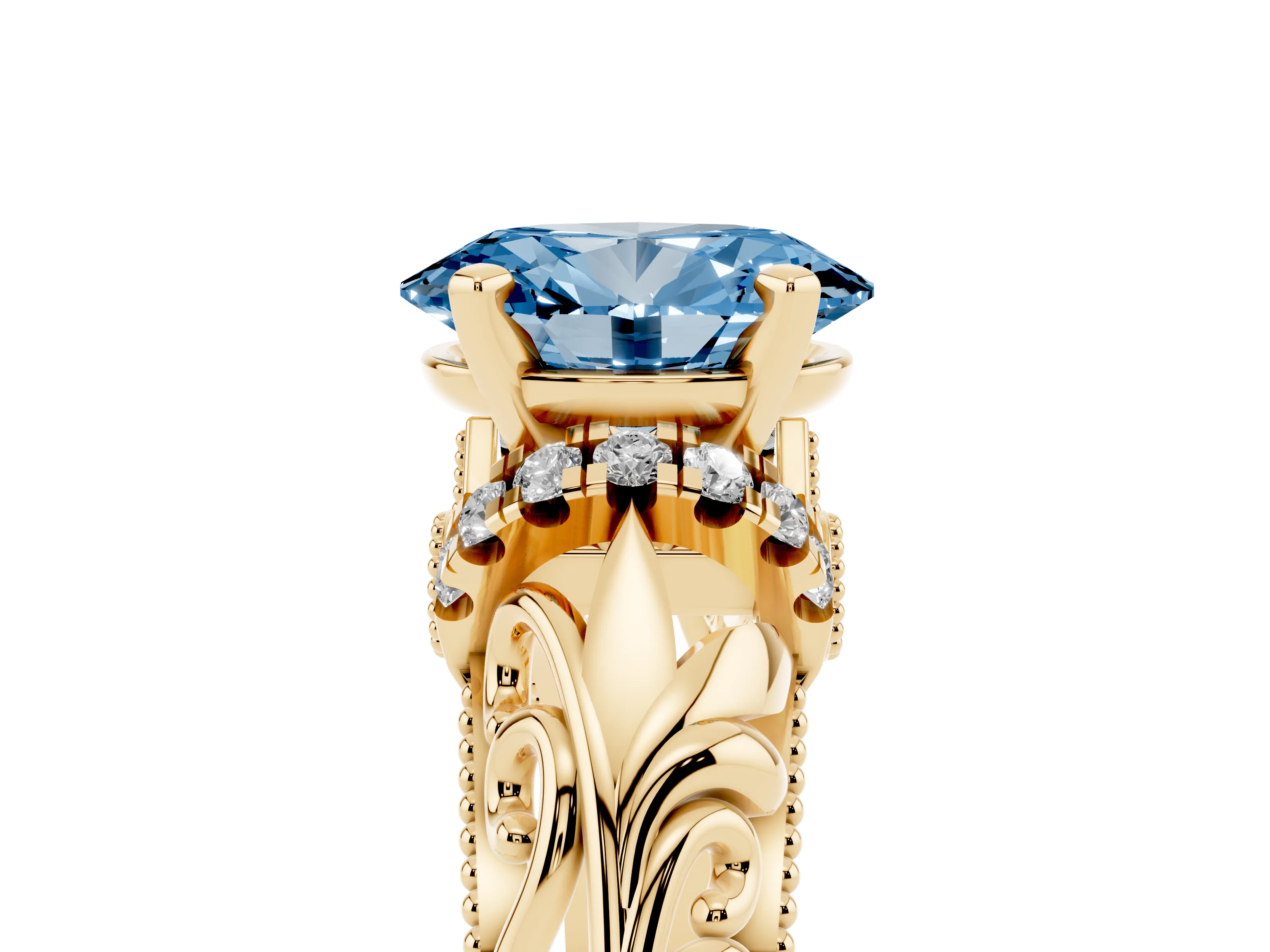 Fancy Blue Oval Cut Diamond Filigree Halo Engagement Ring Set in Yellow gold with Prong Setting