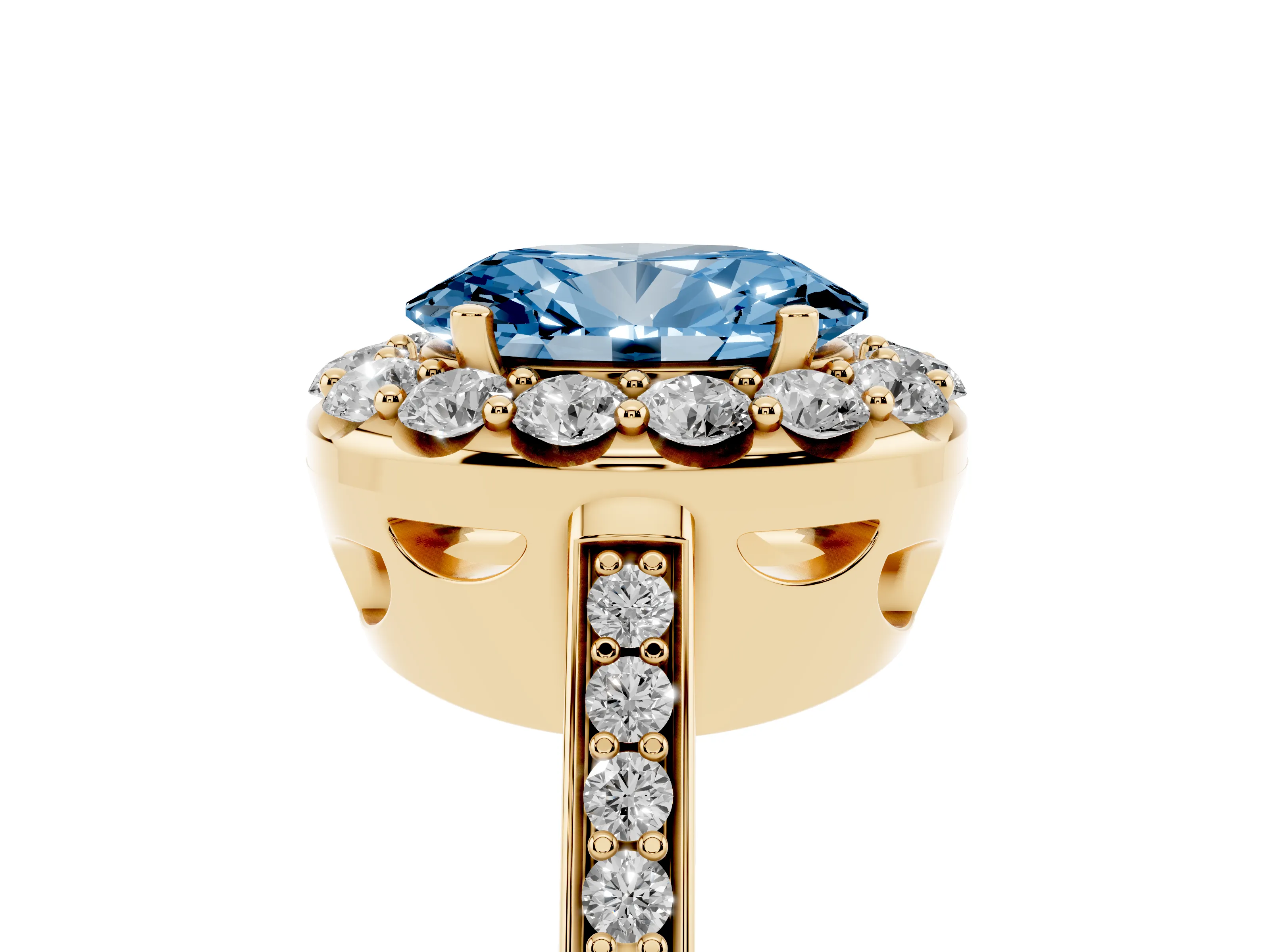 Fancy Blue Oval Cut Diamond Floral Halo Ring Set in Yellow gold with Pavé Band and Prong Setting