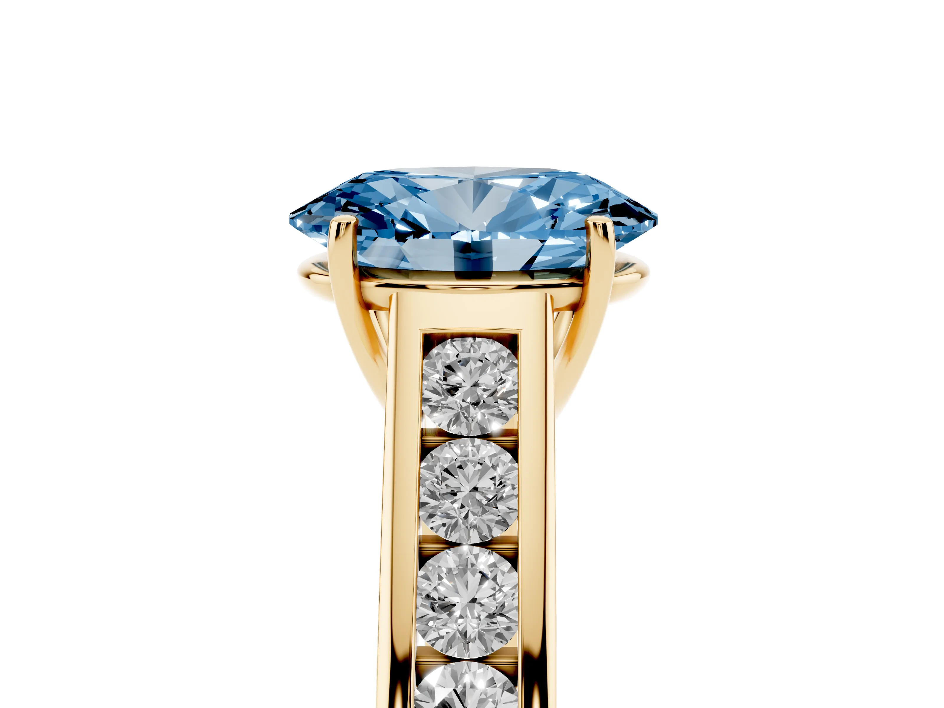 Fancy Blue Oval Cut Diamond Solitaire Channel-Set Engagement Ring Set in Yellow gold with Prong Setting