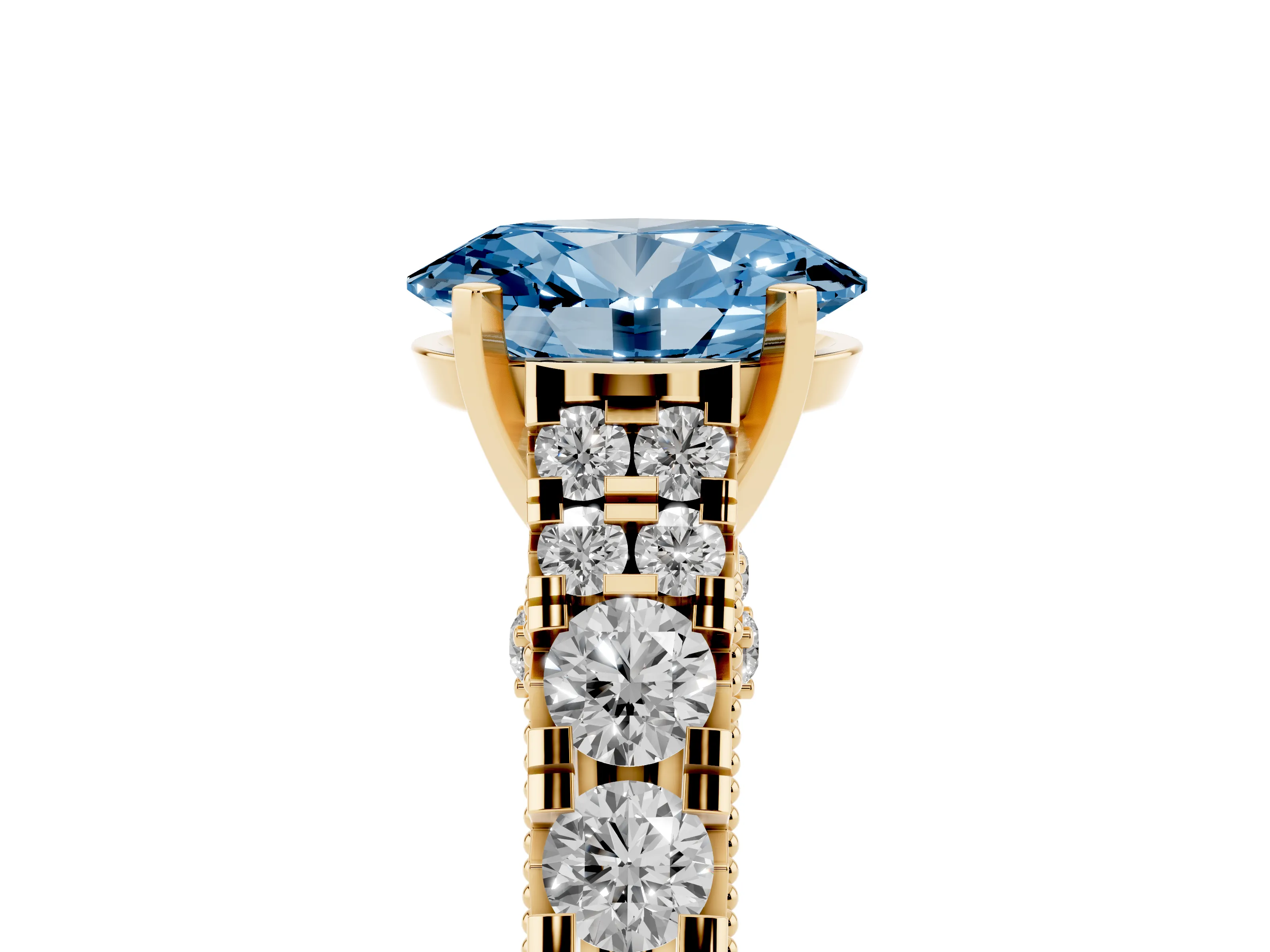 Fancy Blue Oval Cut Diamond Classic Solitaire Ring Set in Yellow gold with Pavé Band and Prong Setting