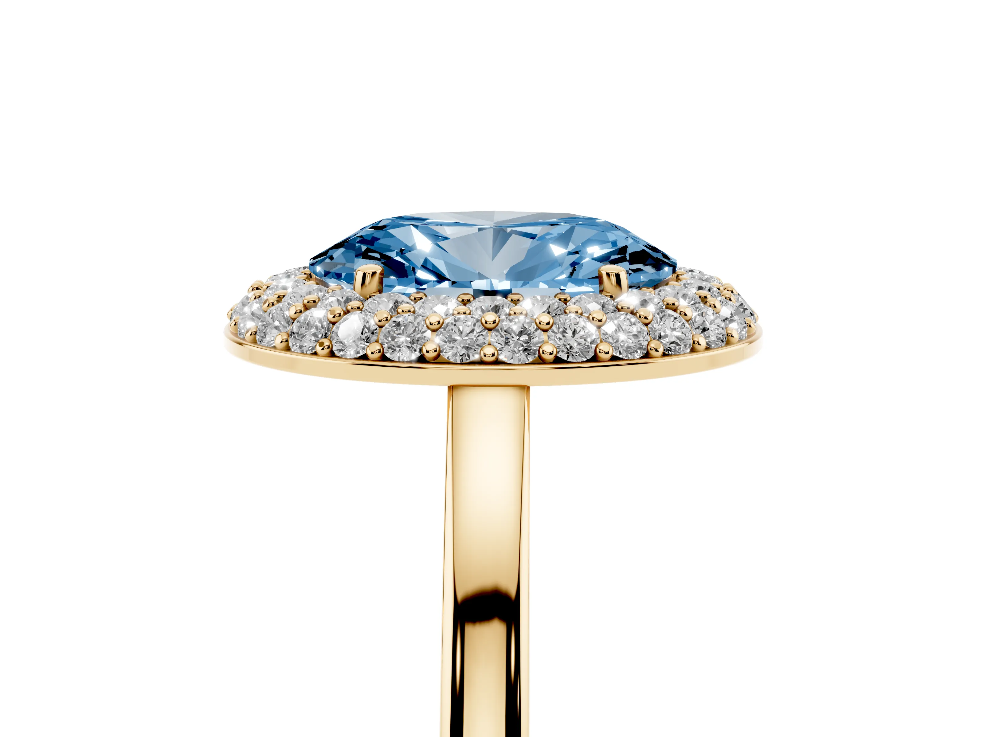 Fancy Blue Oval Cut Diamond Halo Engagement Ring Set in Yellow gold with Solitaire Band and Prong Setting