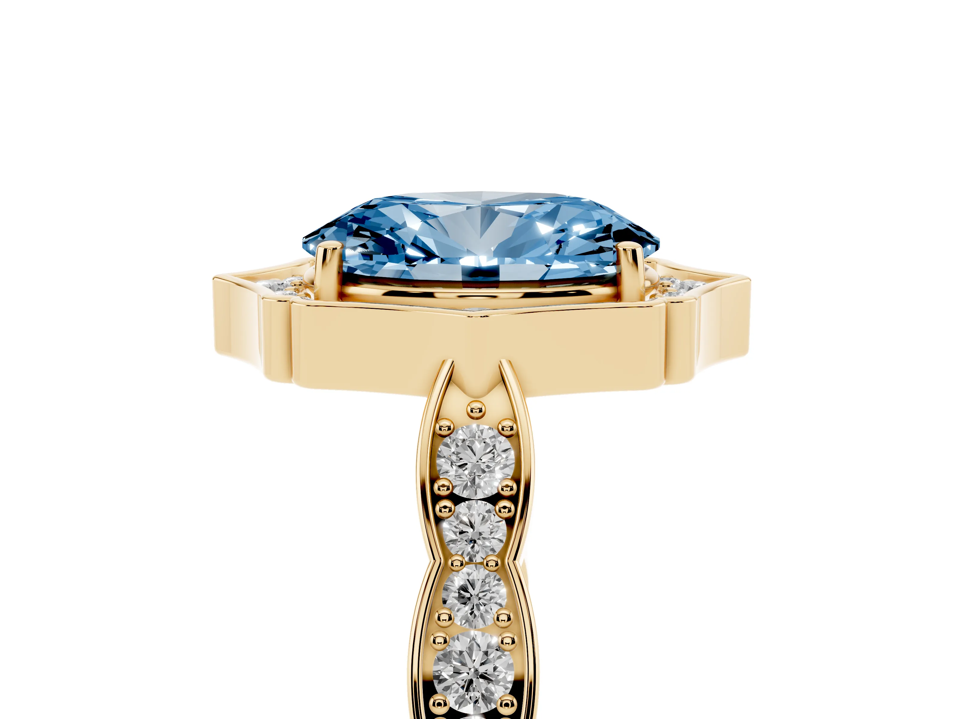 Fancy Blue Oval Cut Diamond Halo Engagement Ring Set in Yellow gold with Milgrain Band and Prong Setting