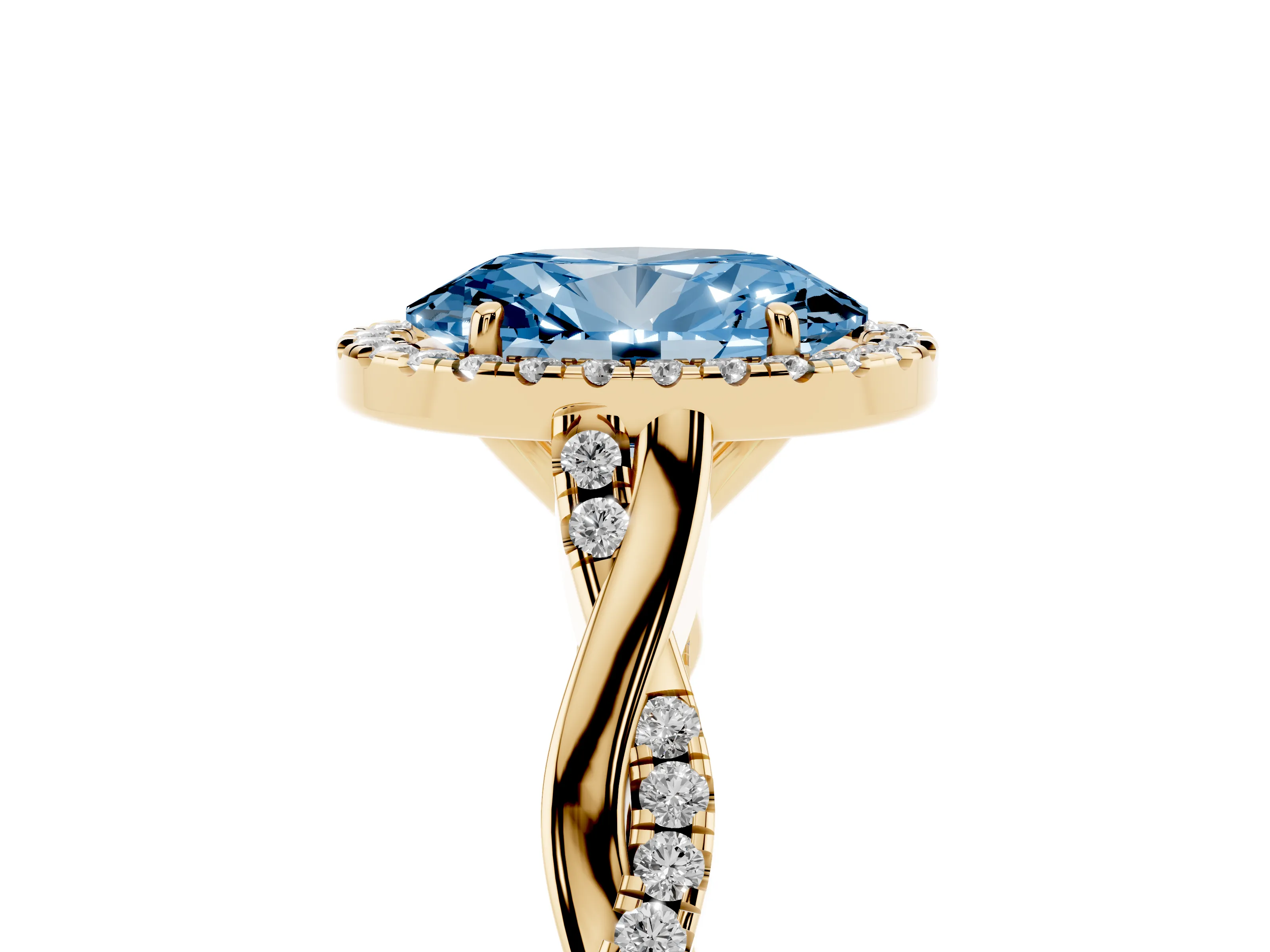 Fancy Blue Oval Cut Diamond Halo Twist Band Solitaire Ring Set in Yellow gold with Prong Setting