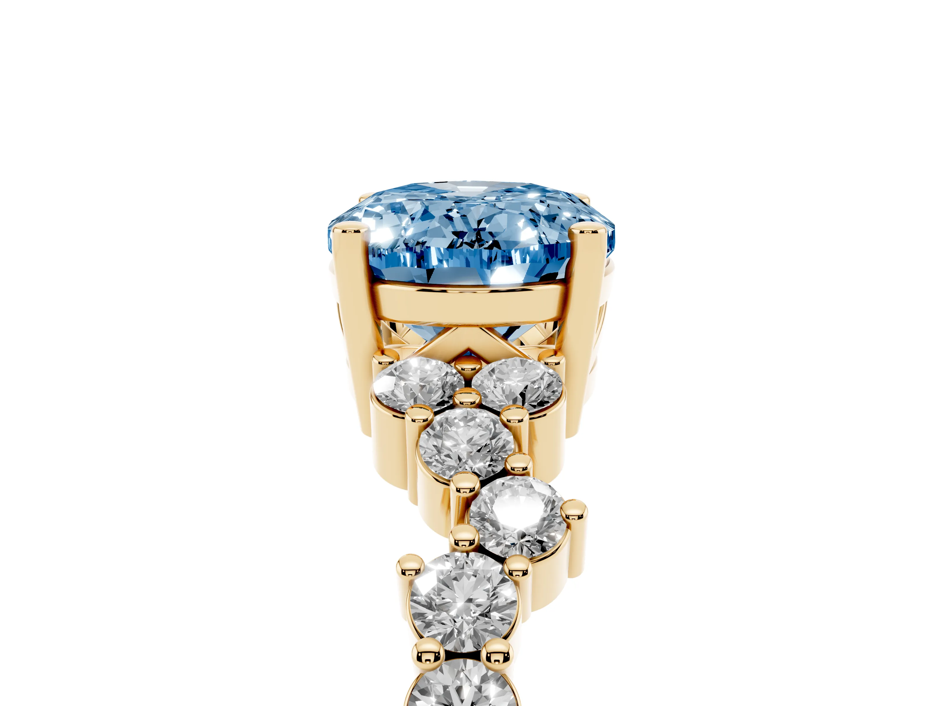 Fancy Blue Oval Cut Diamond Ring Set in Yellow gold with Scattered Round Accents