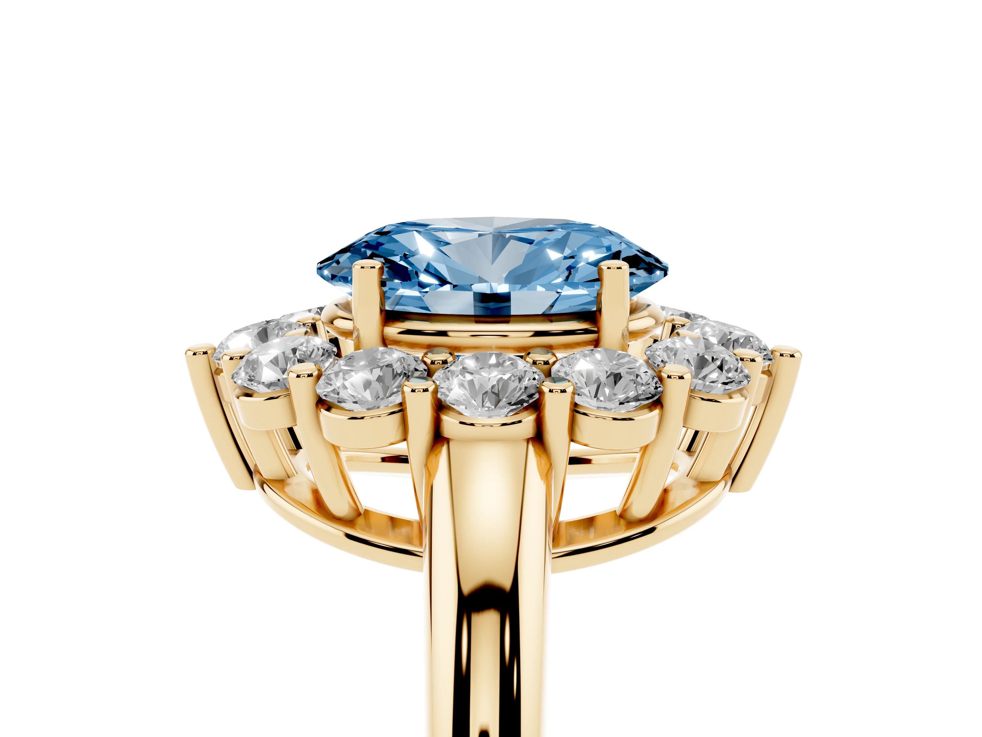 Fancy Blue Oval Cut Diamond Halo Cluster Engagement Ring Set in Yellow gold with Polished Band and Prong Setting