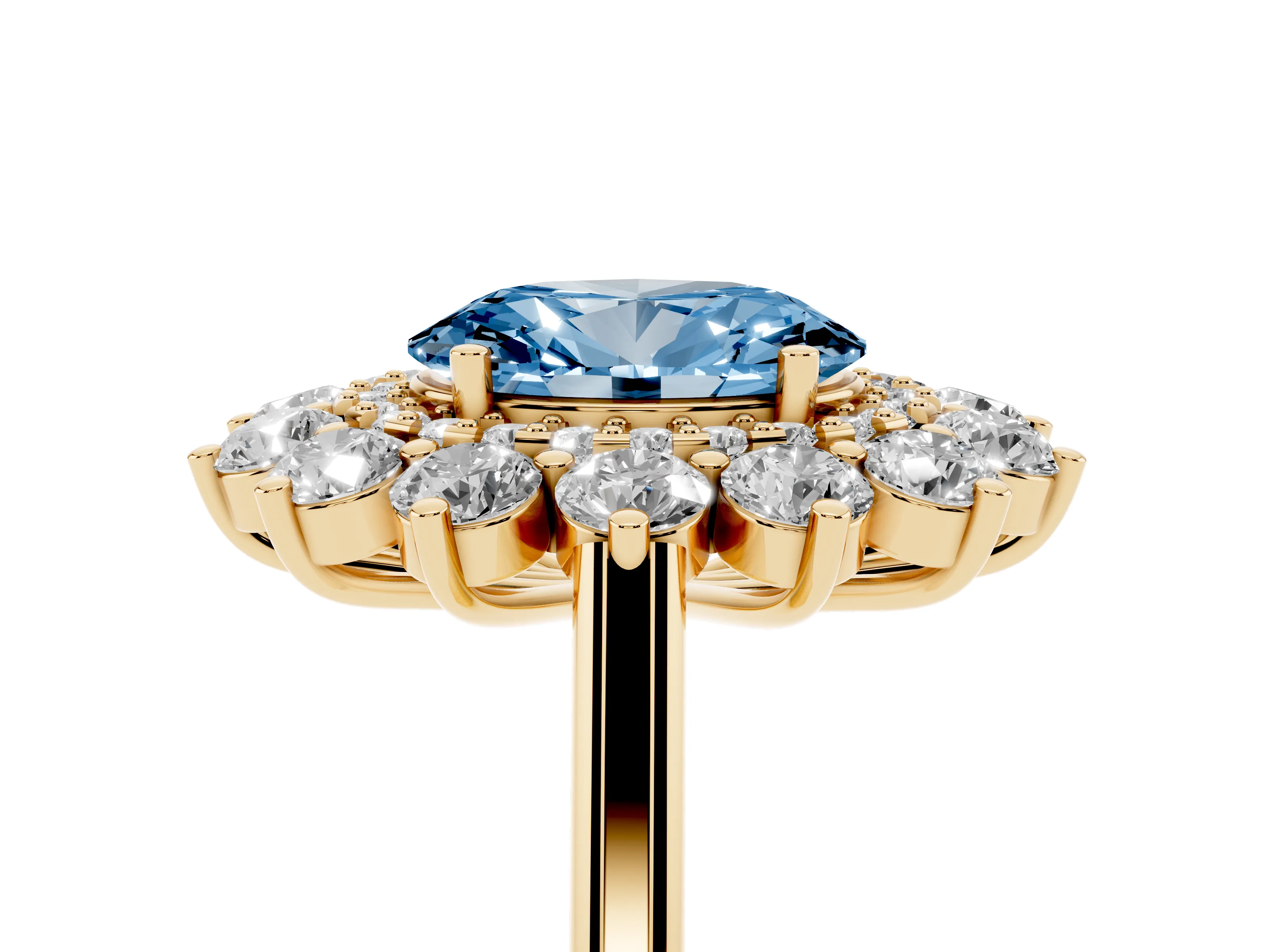 Fancy Blue Oval Cut Diamond Floral Double Halo Ring Set in Yellow gold with Round Petals
