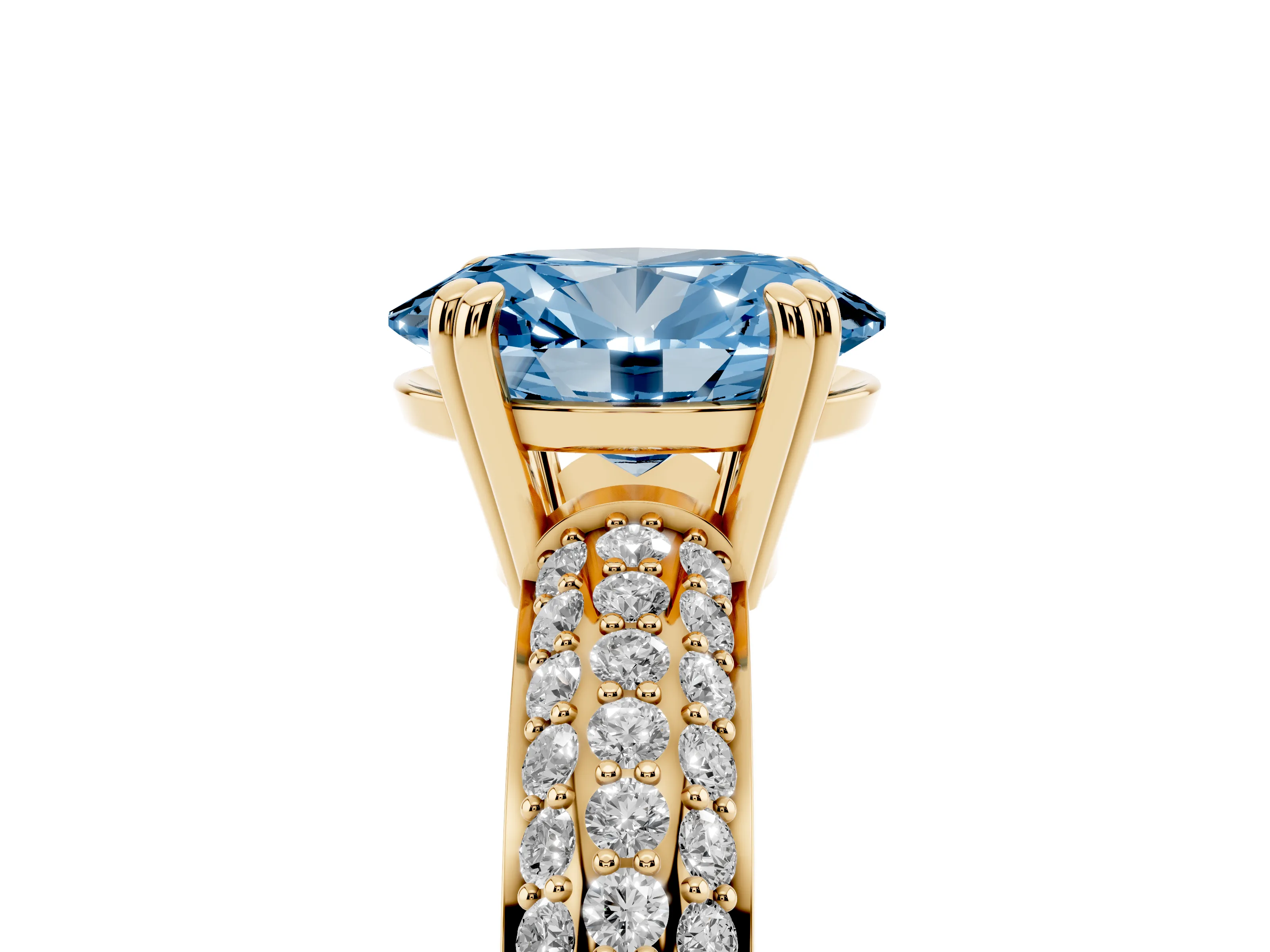 Fancy Blue Oval Cut Diamond Solitaire Ring Set in Yellow gold with Multi-Row Round Pavé Band and Prong Setting