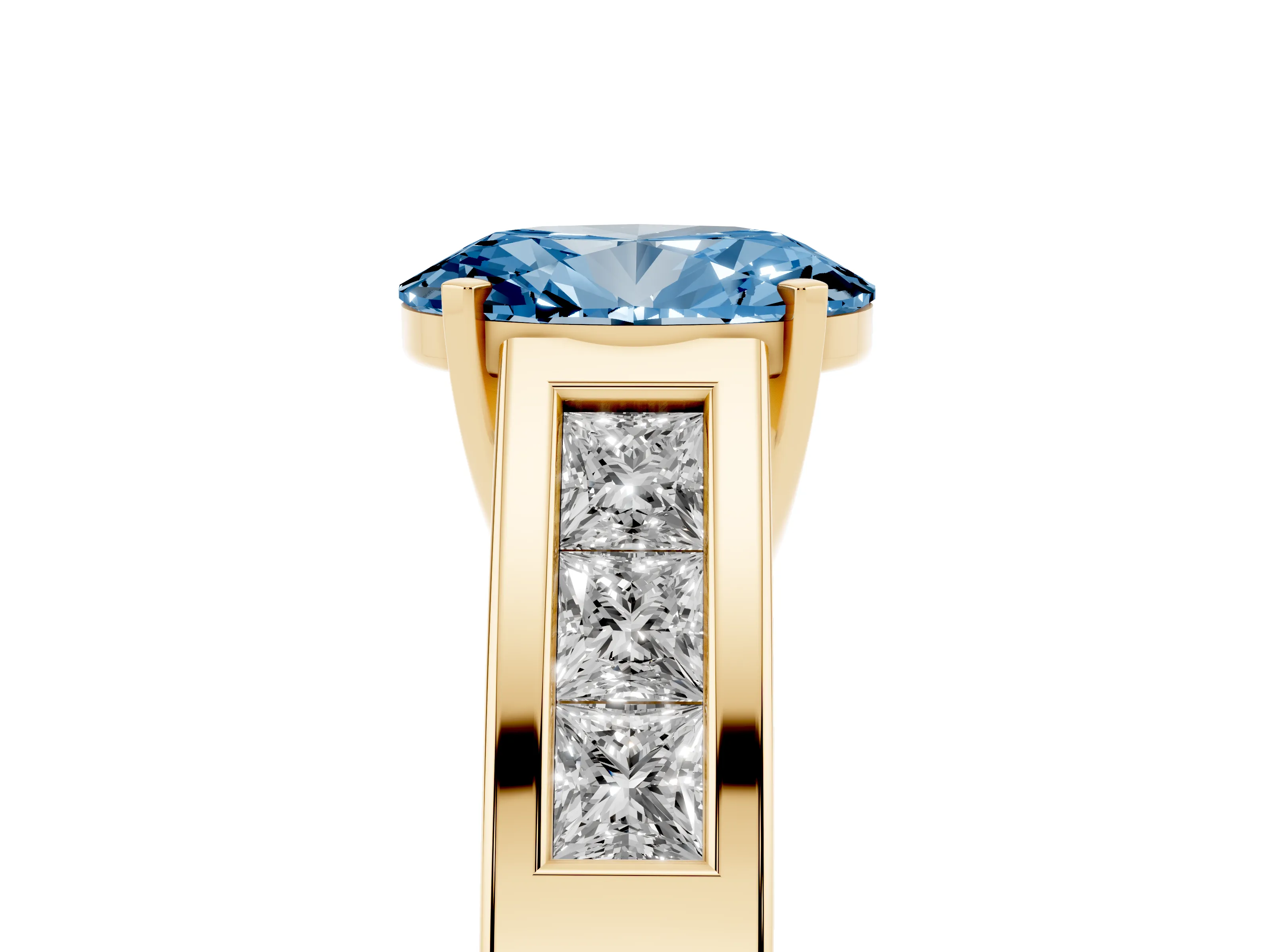 Fancy Blue Oval Cut Diamond Solitaire Ring Set in Yellow gold with Channel-Set Accent Stones and Prong Setting
