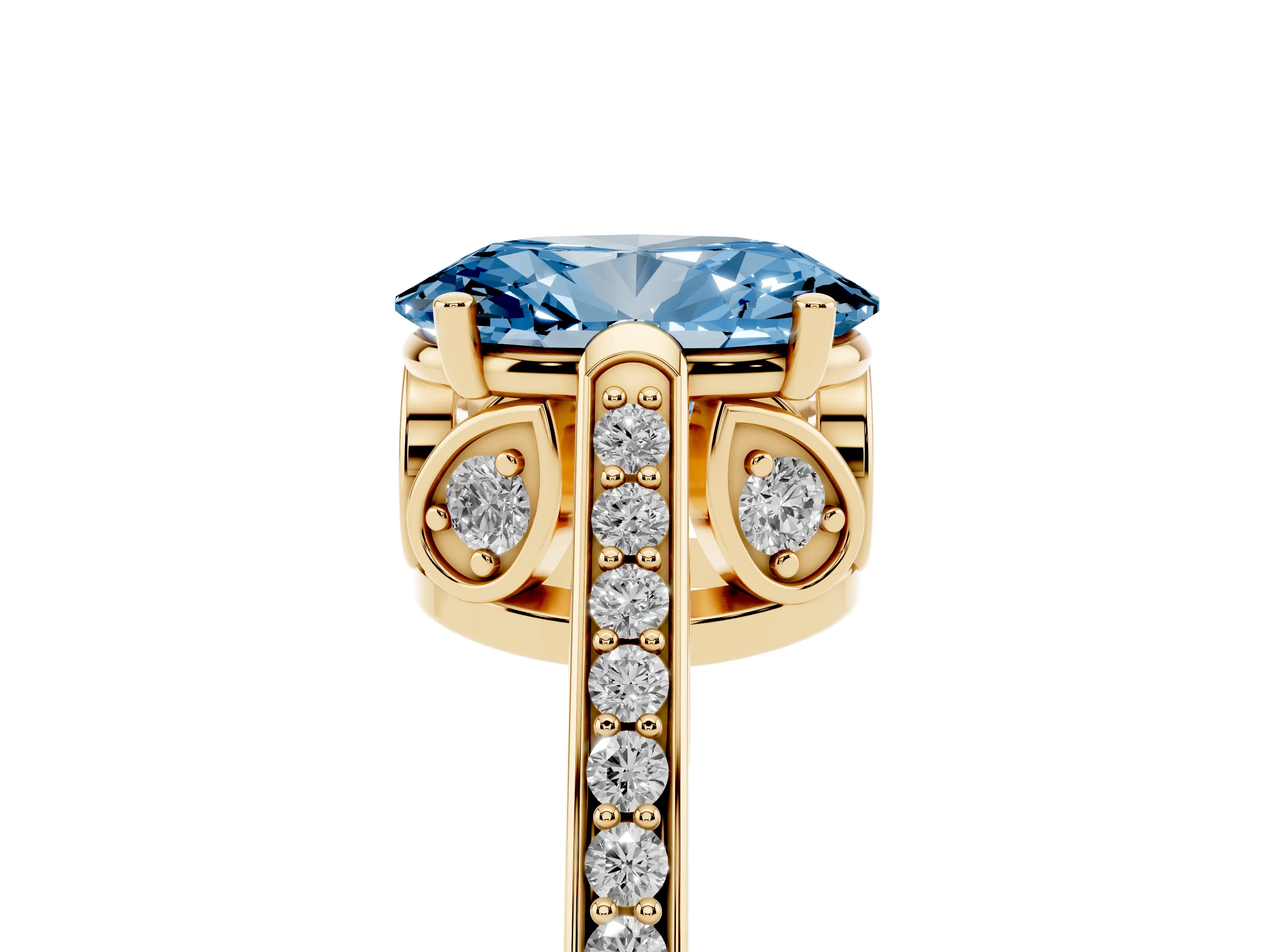 Fancy Blue Oval Cut Diamond Cathedral Pavé Engagement Ring Set in Yellow gold with Prong Setting