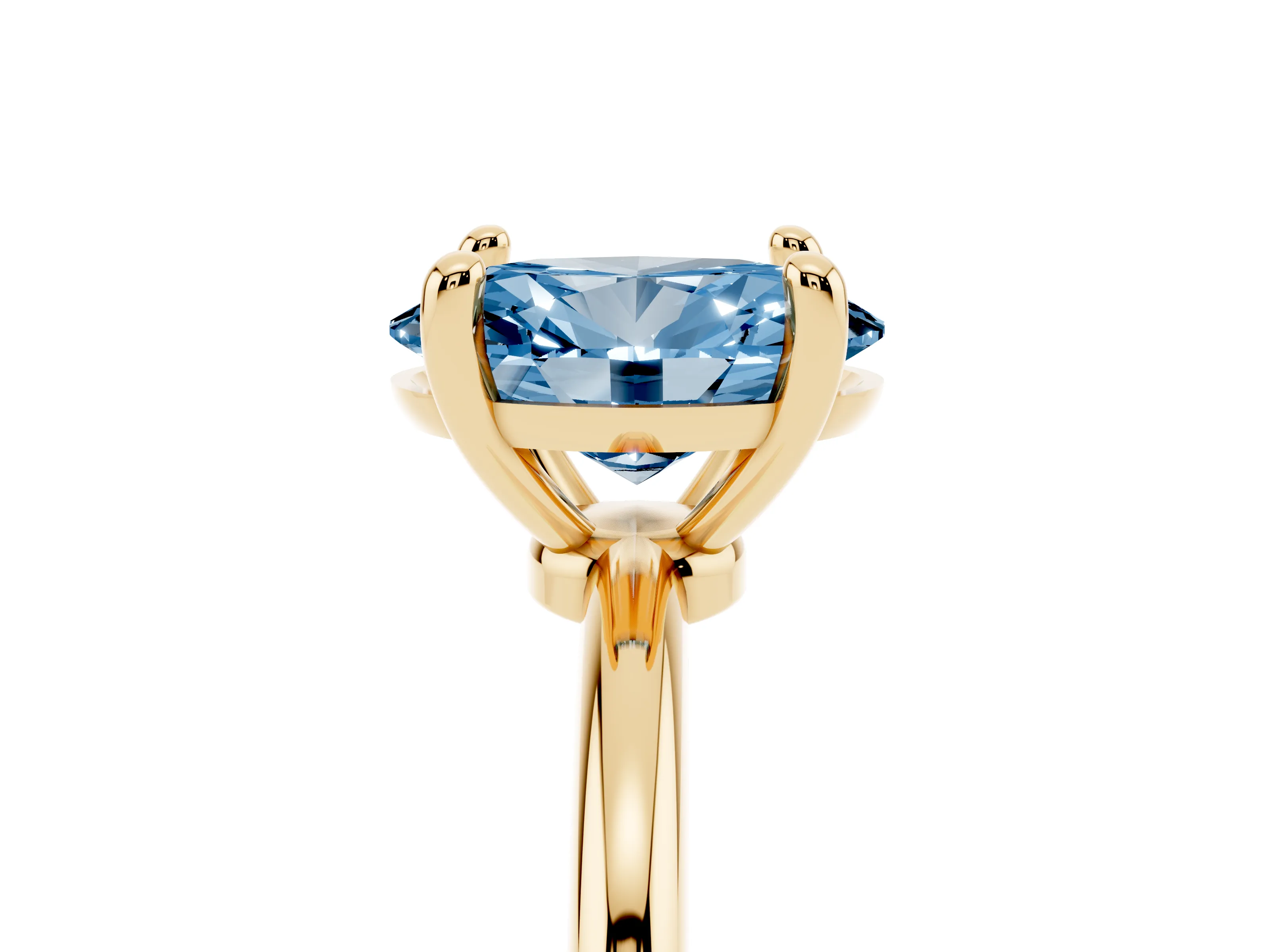 Fancy Blue Oval Cut Diamond Solitaire Ring Set in Yellow gold with Secure Prong Setting on a Classic Band