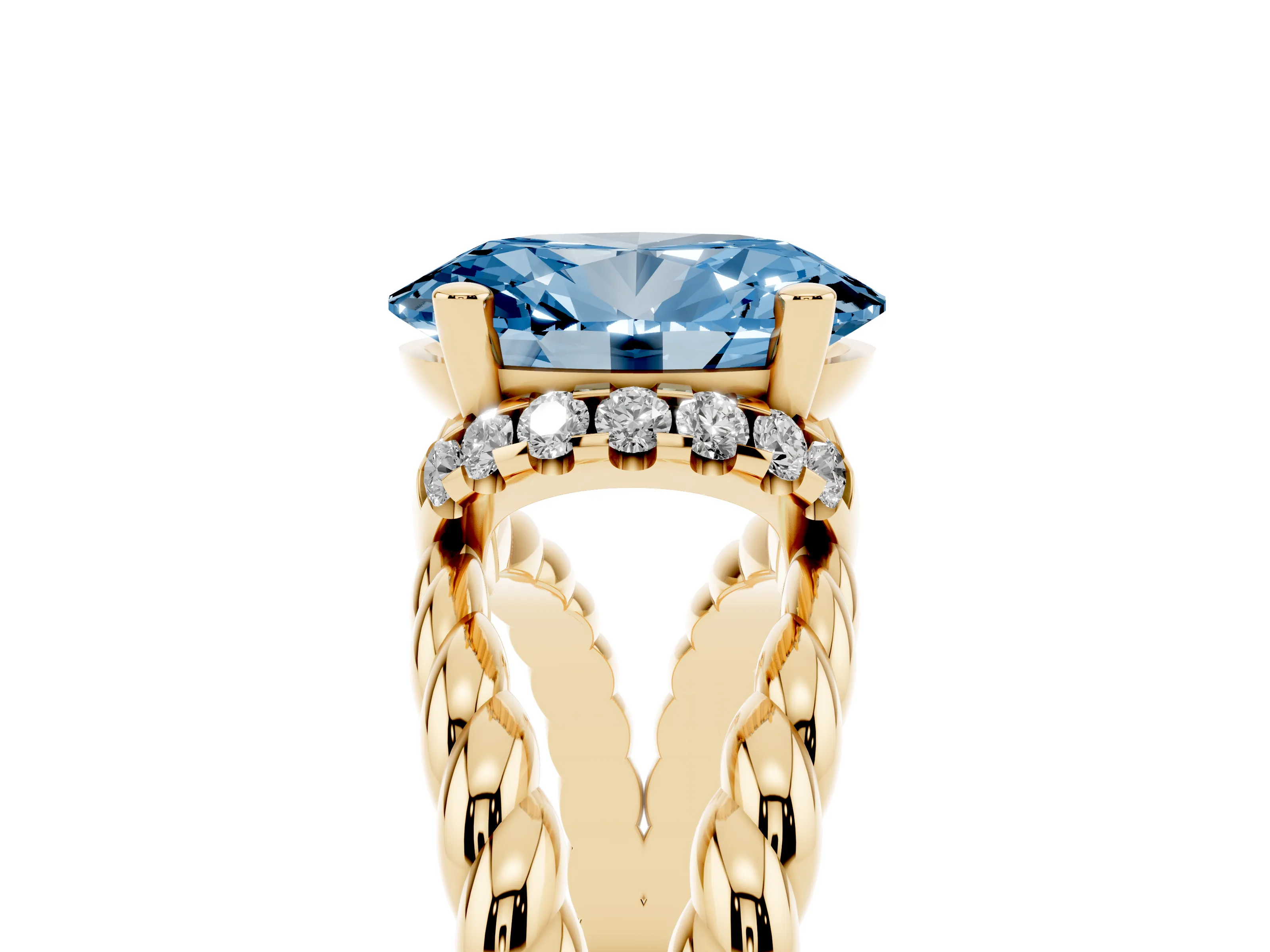 Fancy Blue Oval Cut Diamond Halo Ring Set in Yellow gold with Twisted Band and Prong Setting