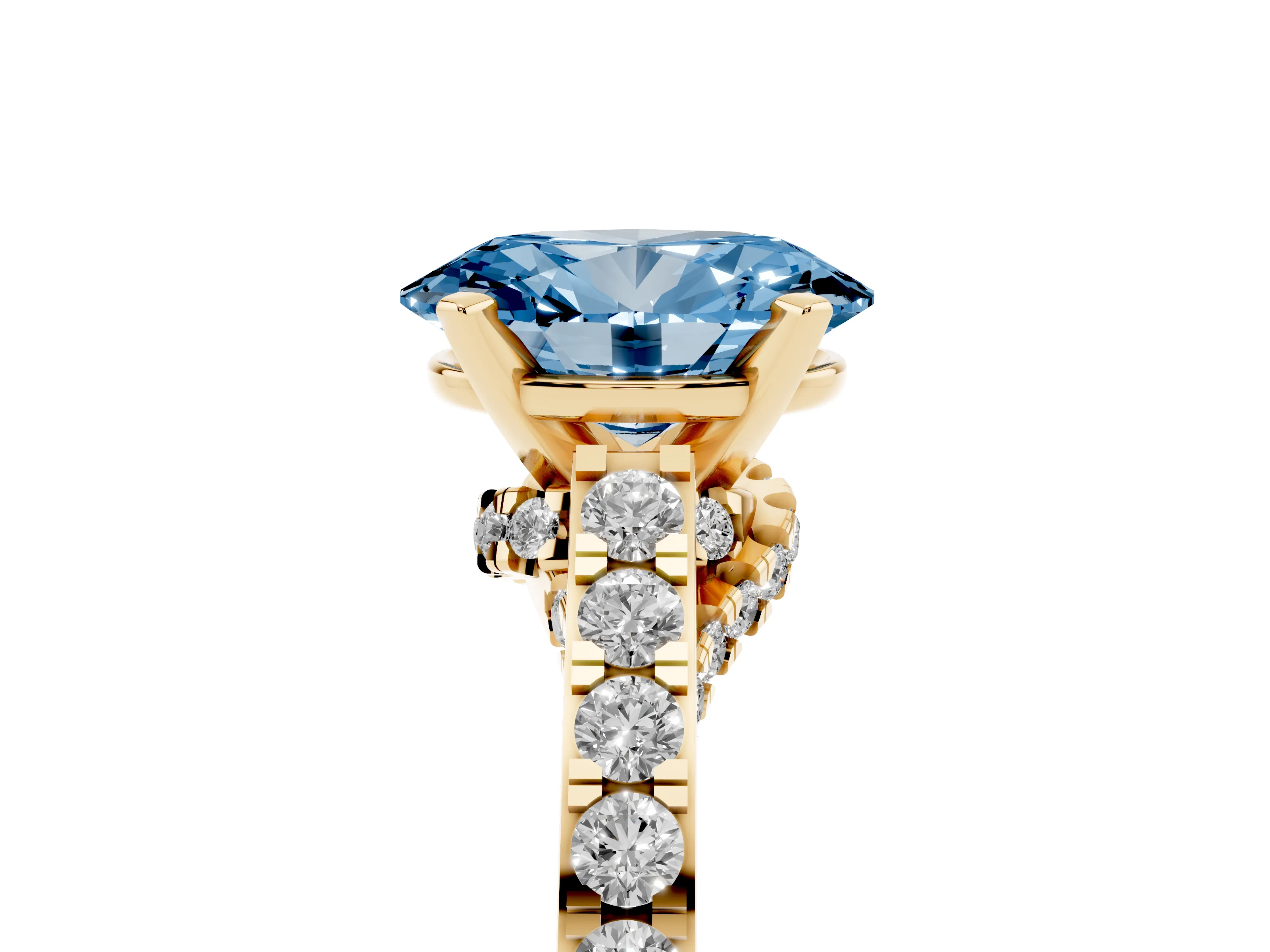 Fancy Blue Oval Cut Diamond Solitaire Ring Set in Yellow gold with Crossover Gallery and Round Pavé Band