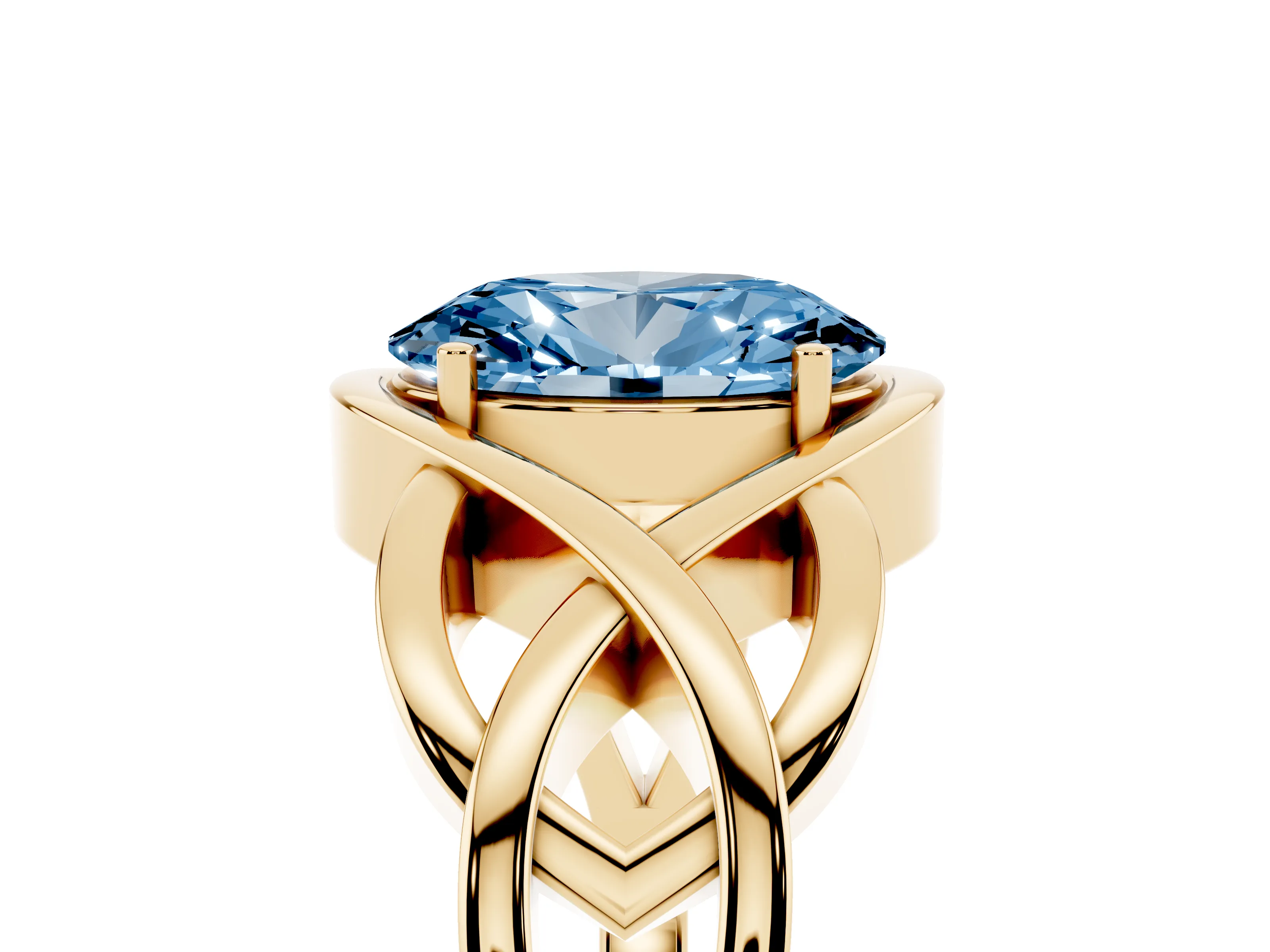 Fancy Blue Oval Cut Diamond Solitaire Ring Set in Yellow gold with Intertwined Band