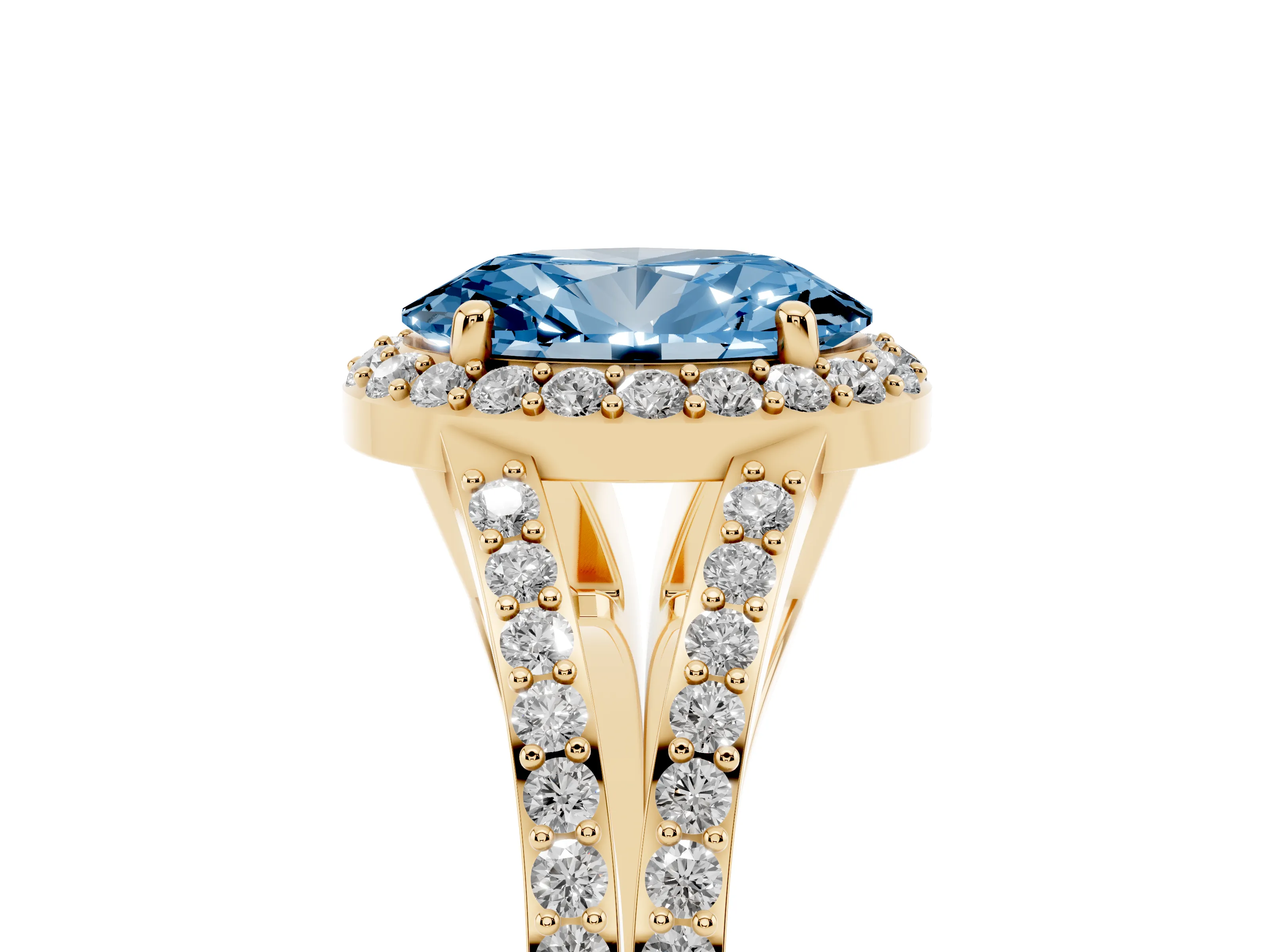 Fancy Blue Oval Cut Diamond Halo Split Shank Ring Set in Yellow gold with Accent Stones and Prong Setting