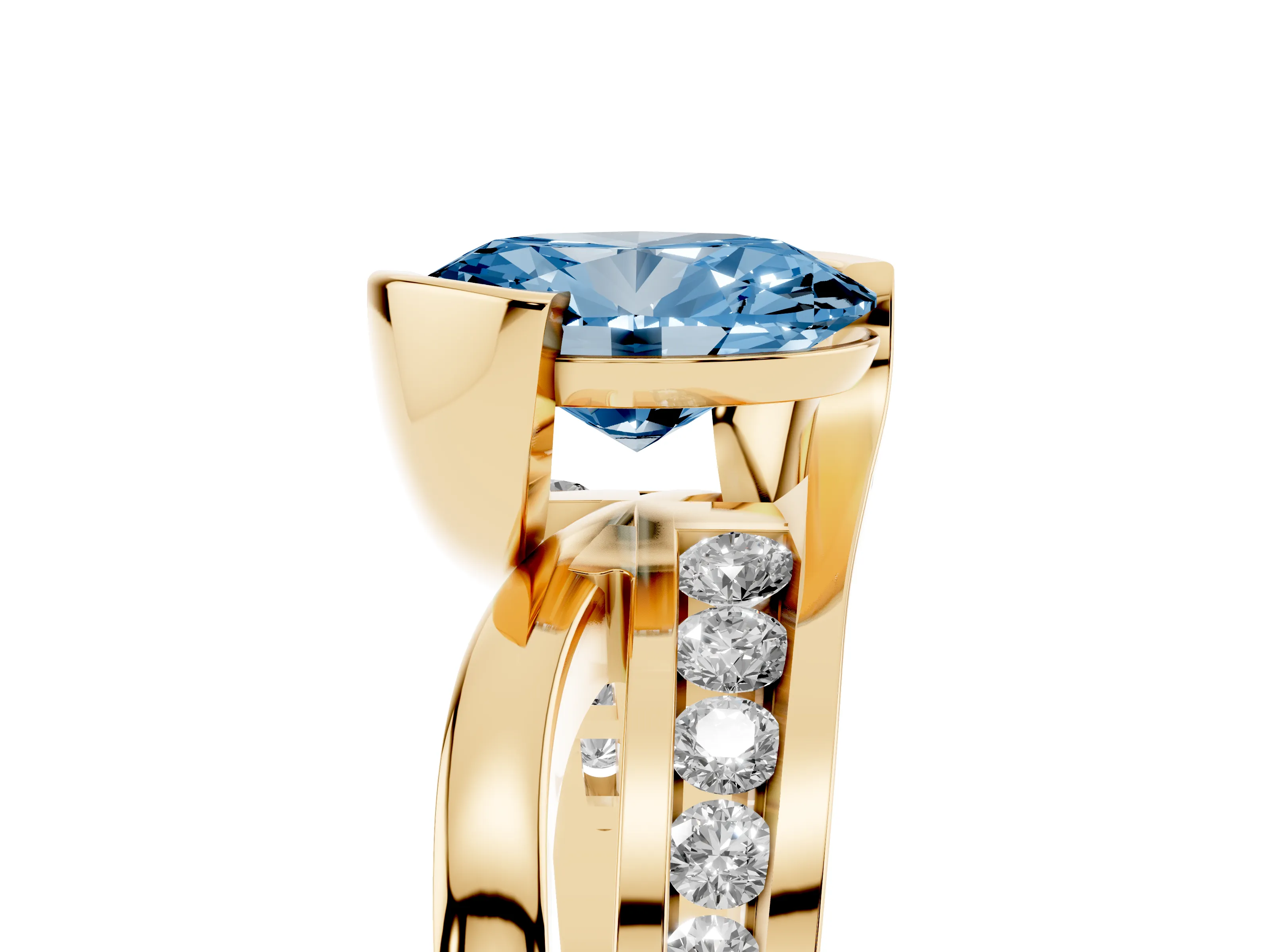 Fancy Blue Oval Cut Diamond Solitaire Ring Set in Yellow gold with Channel Set Split Shank and Tension Prongs