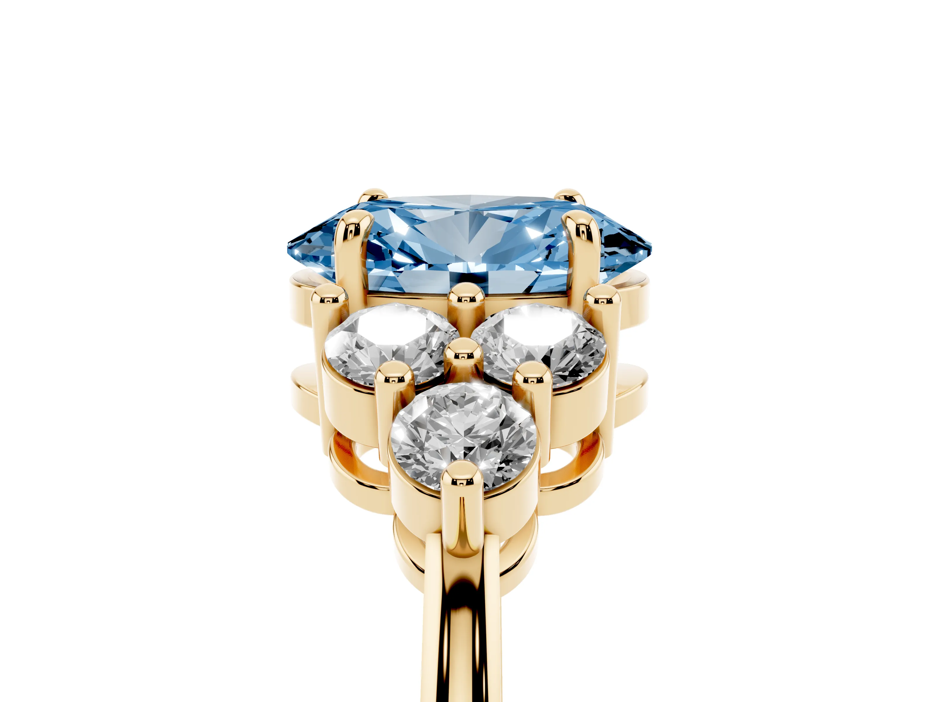Fancy Blue Oval Cut Diamond Solitaire Ring Set in Yellow gold with Cluster Accents on Each Side