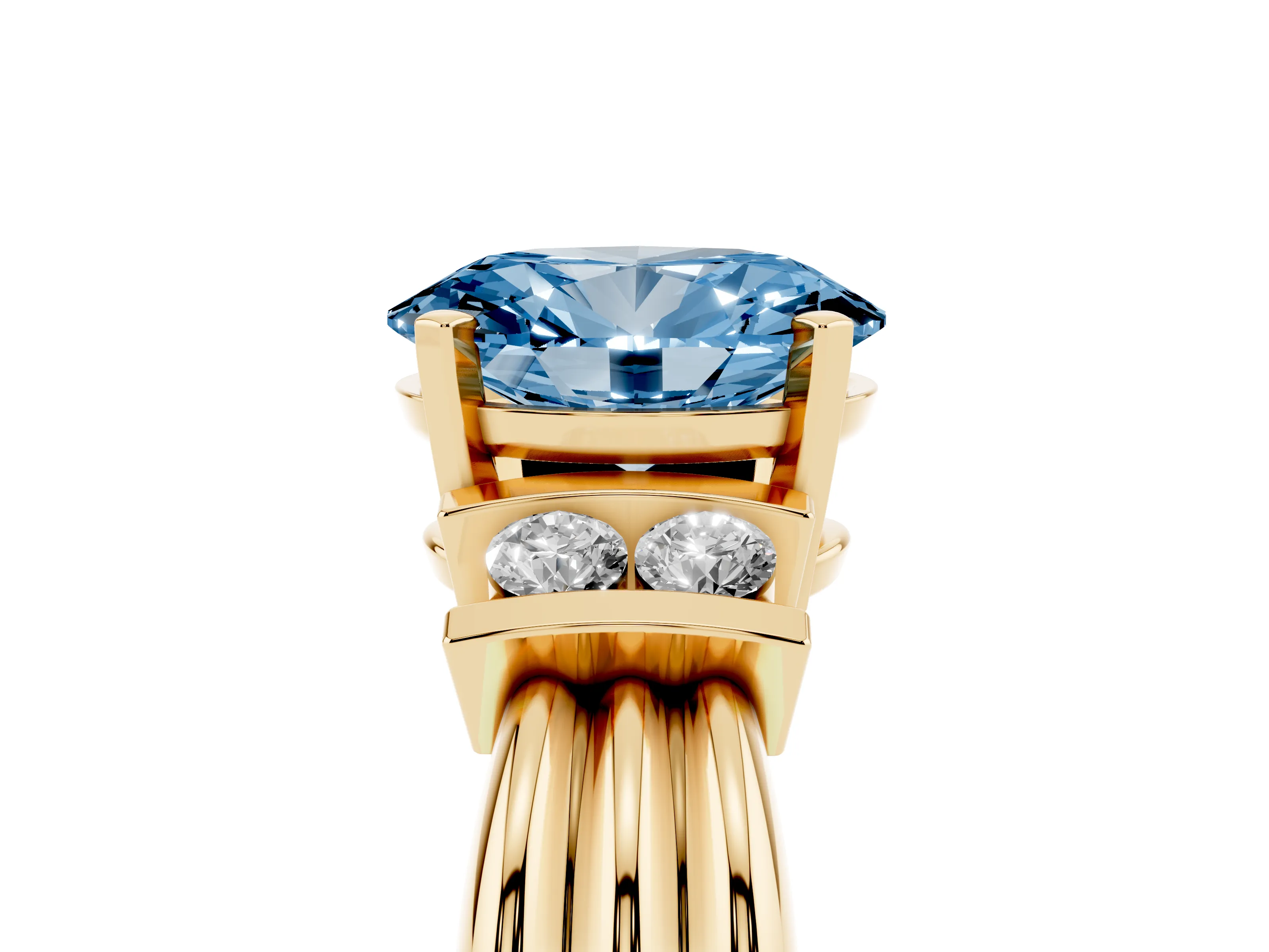 Fancy Blue Three-Stone Oval Cut Diamond Channel Set Ring Set in Yellow gold with Bar Prongs