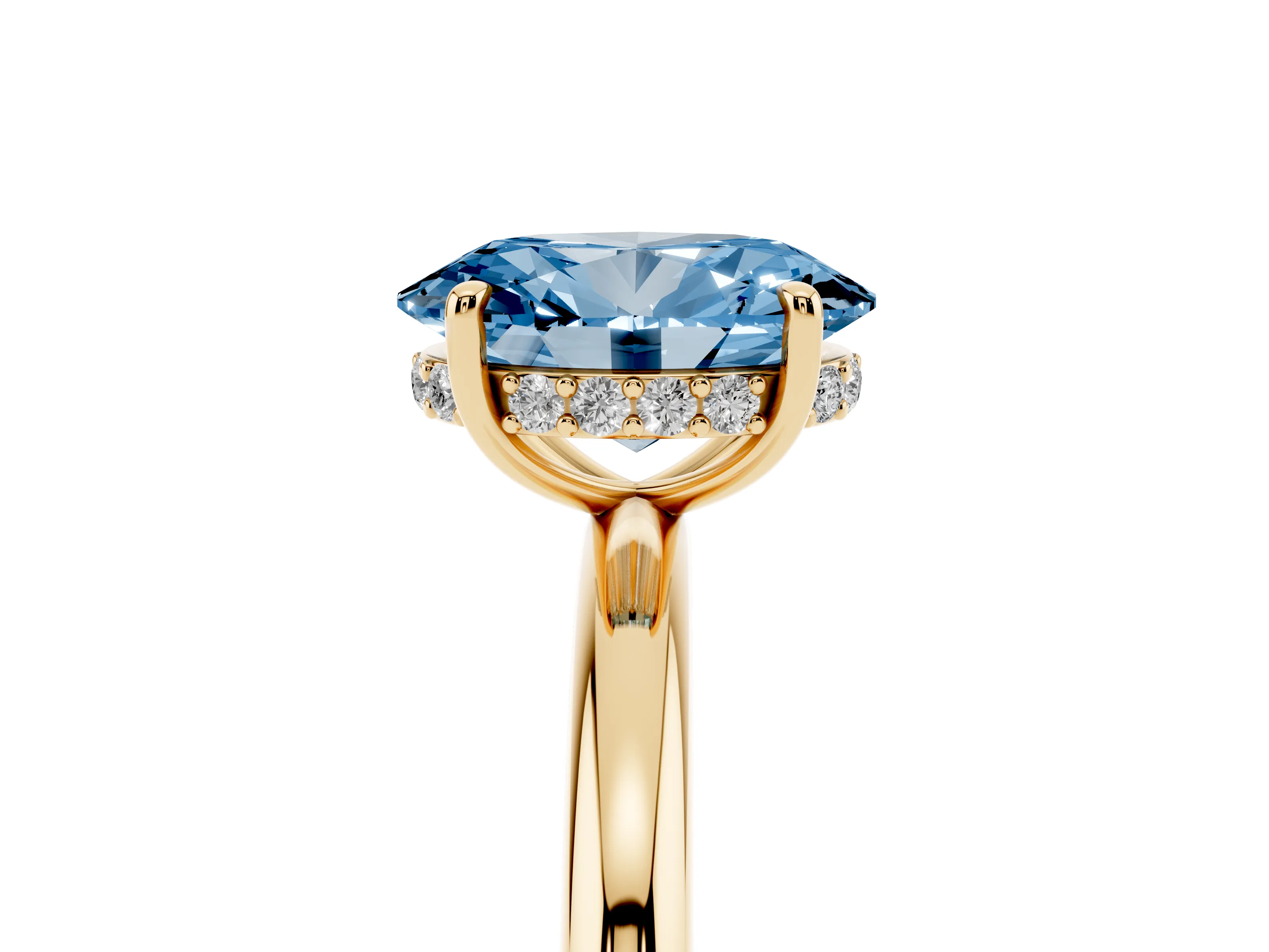 Fancy Blue Oval Cut Diamond Solitaire Ring Set in Yellow gold with Thin Band and Prong Setting