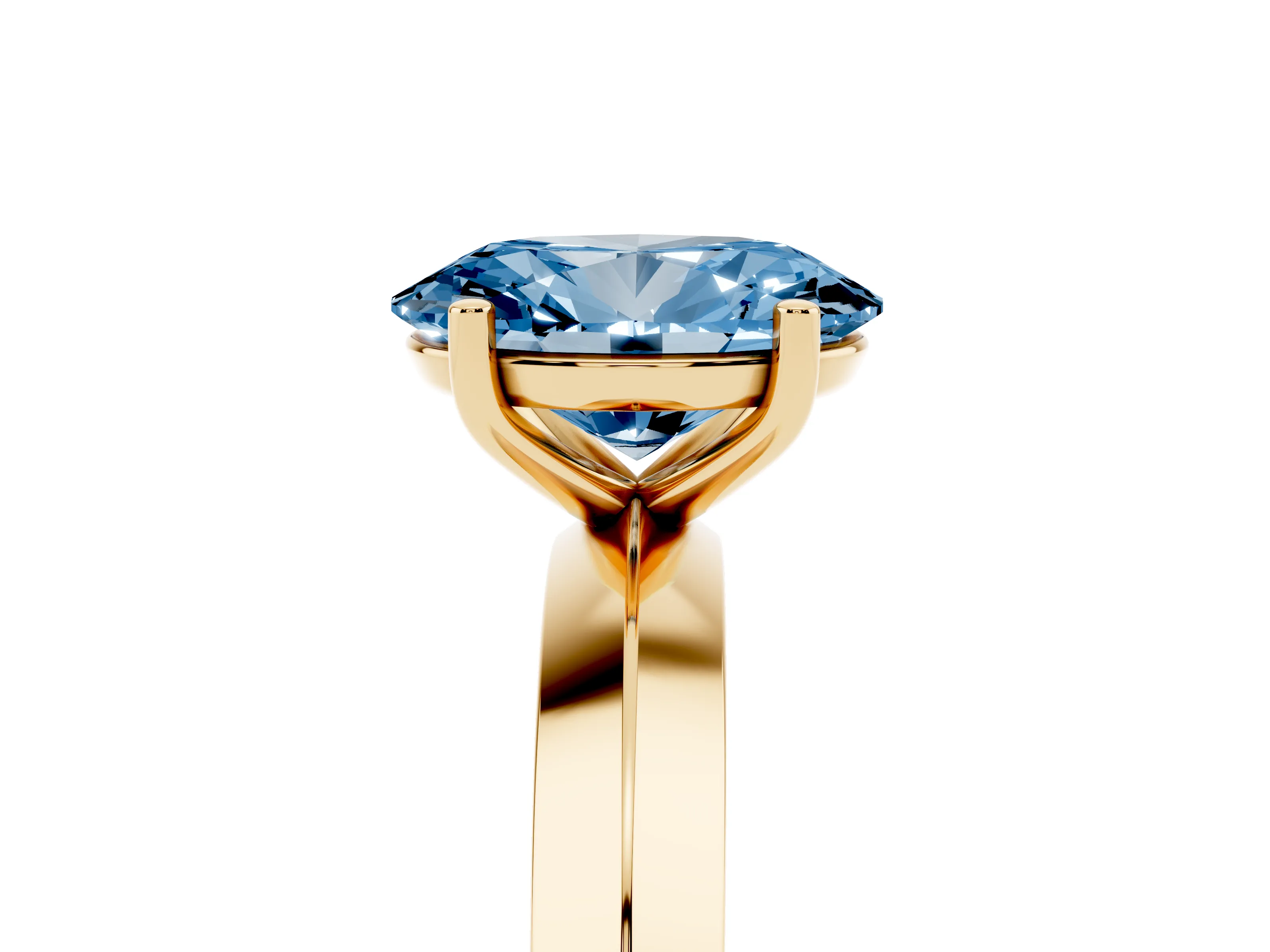 Fancy Blue Oval Cut Diamond Solitaire Engagement Ring Set in Yellow gold with Flat Band and Prong Setting