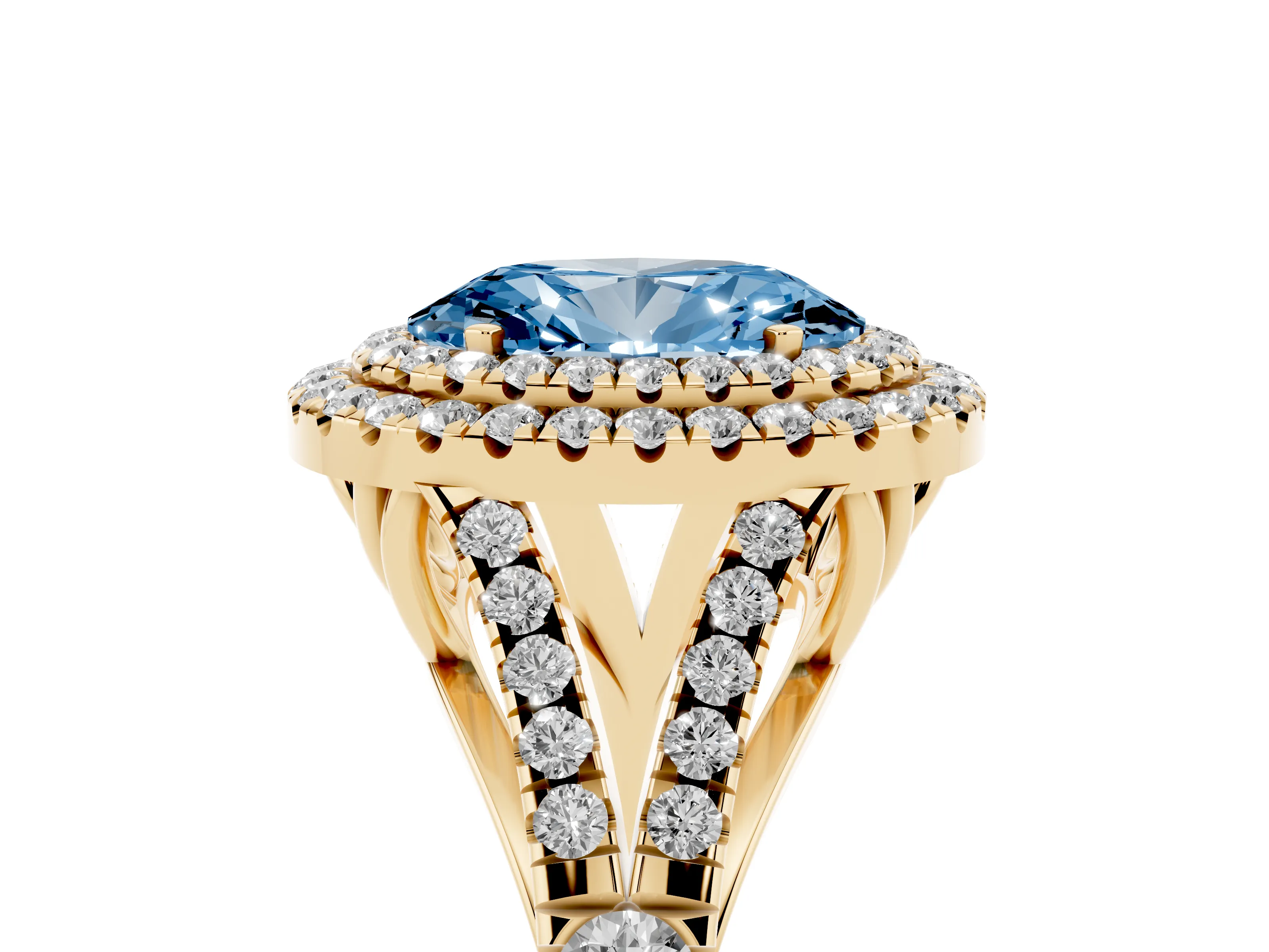 Fancy Blue Oval Cut Diamond Pavé Split Shank Double Halo Engagement Ring Set in Yellow gold