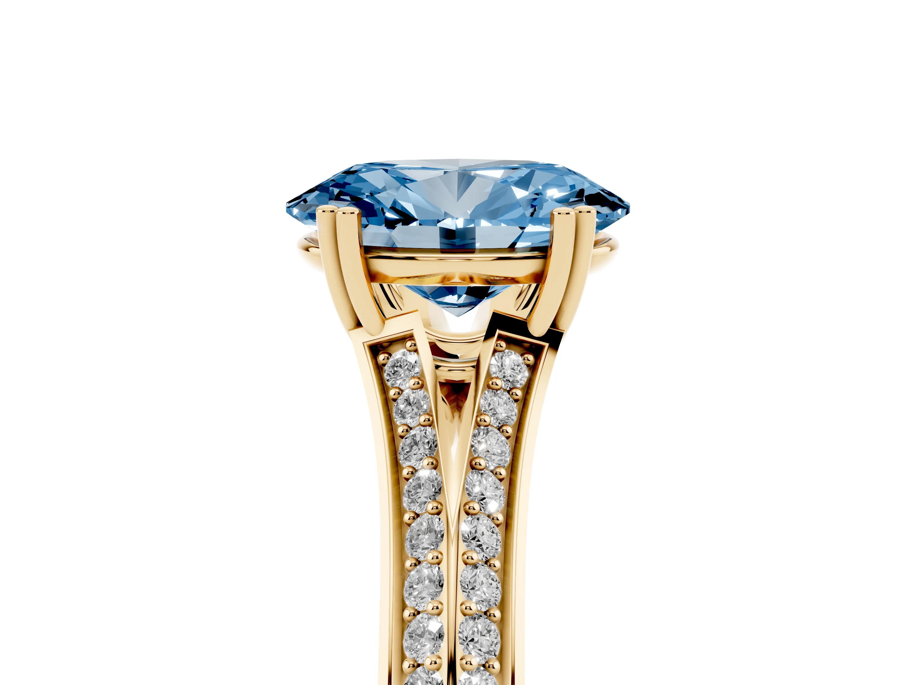 Fancy Blue Oval Cut Diamond Split Shank Pavé Engagement Ring Set in Yellow gold with Prong-Set Center Stone