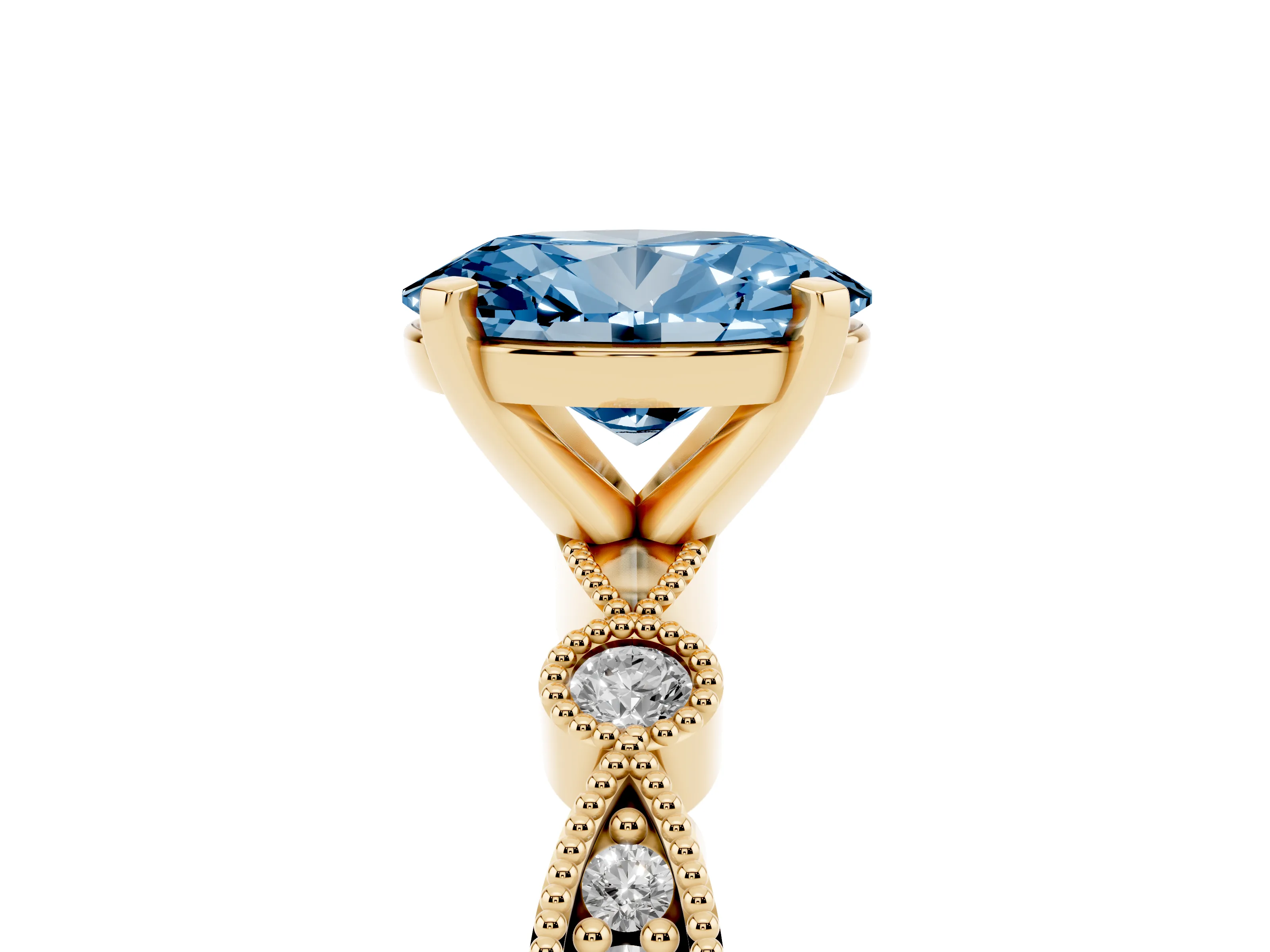 Fancy Blue Oval Cut Diamond Solitaire Engagement Ring Set in Yellow gold with Milgrain Bezel Accent Band