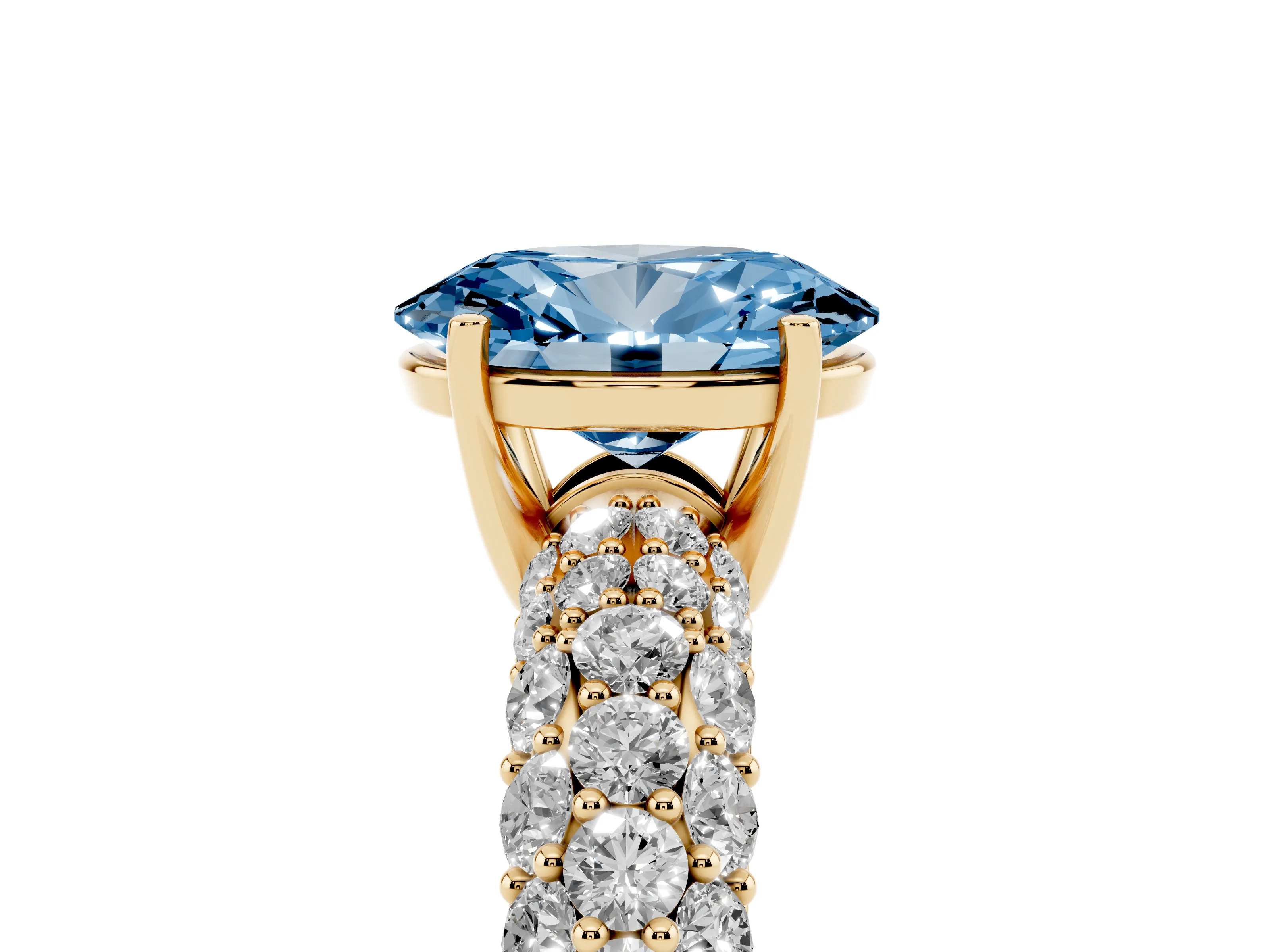 Fancy Blue Oval Cut Diamond Pavé Band Solitaire Ring Set in Yellow gold with Close-Set Accent Stones and Prong Setting