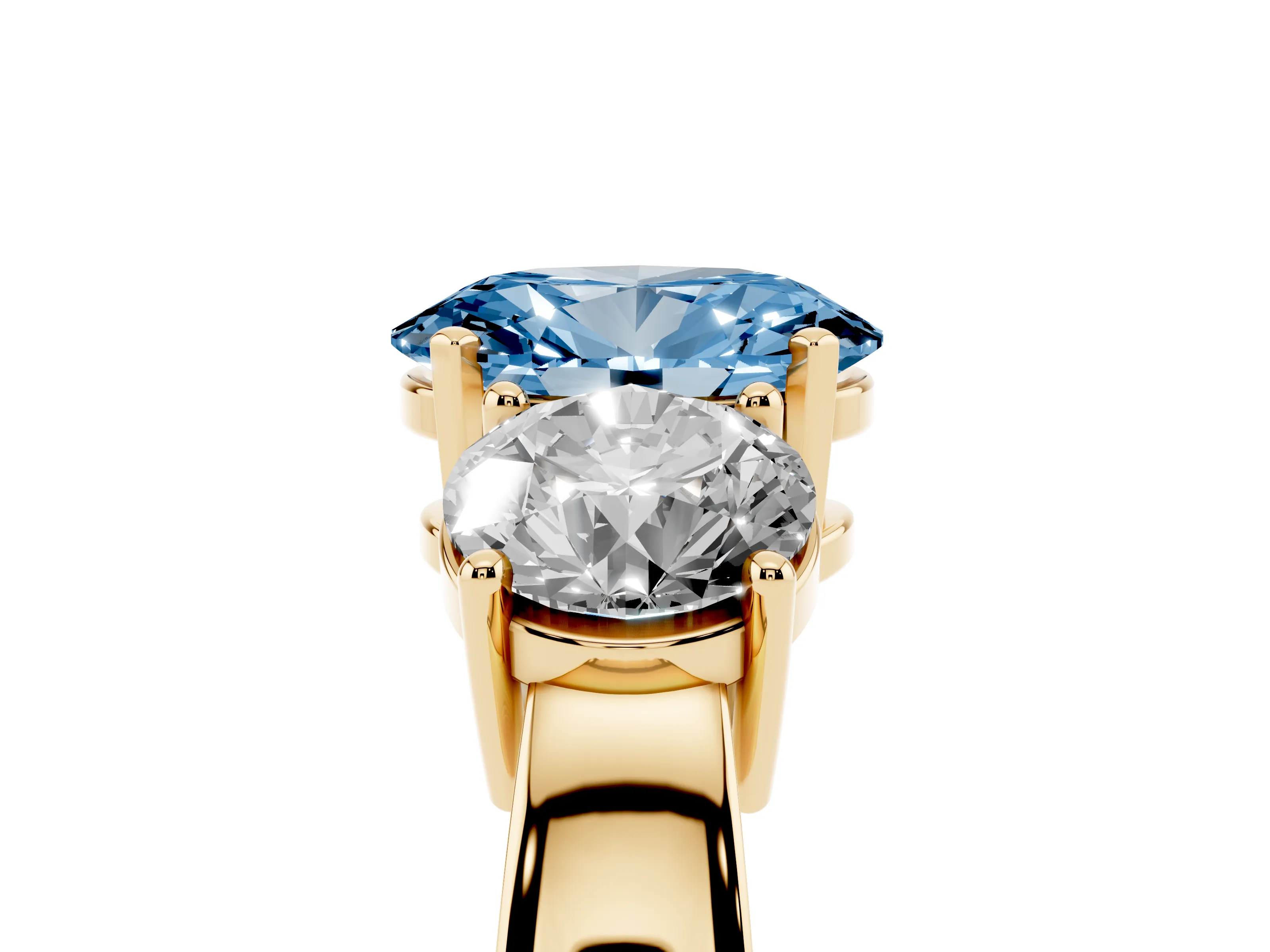 Fancy Blue Oval Cut Diamond Three-Stone Ring Set in Yellow gold with Round Side Stones and Classic Band