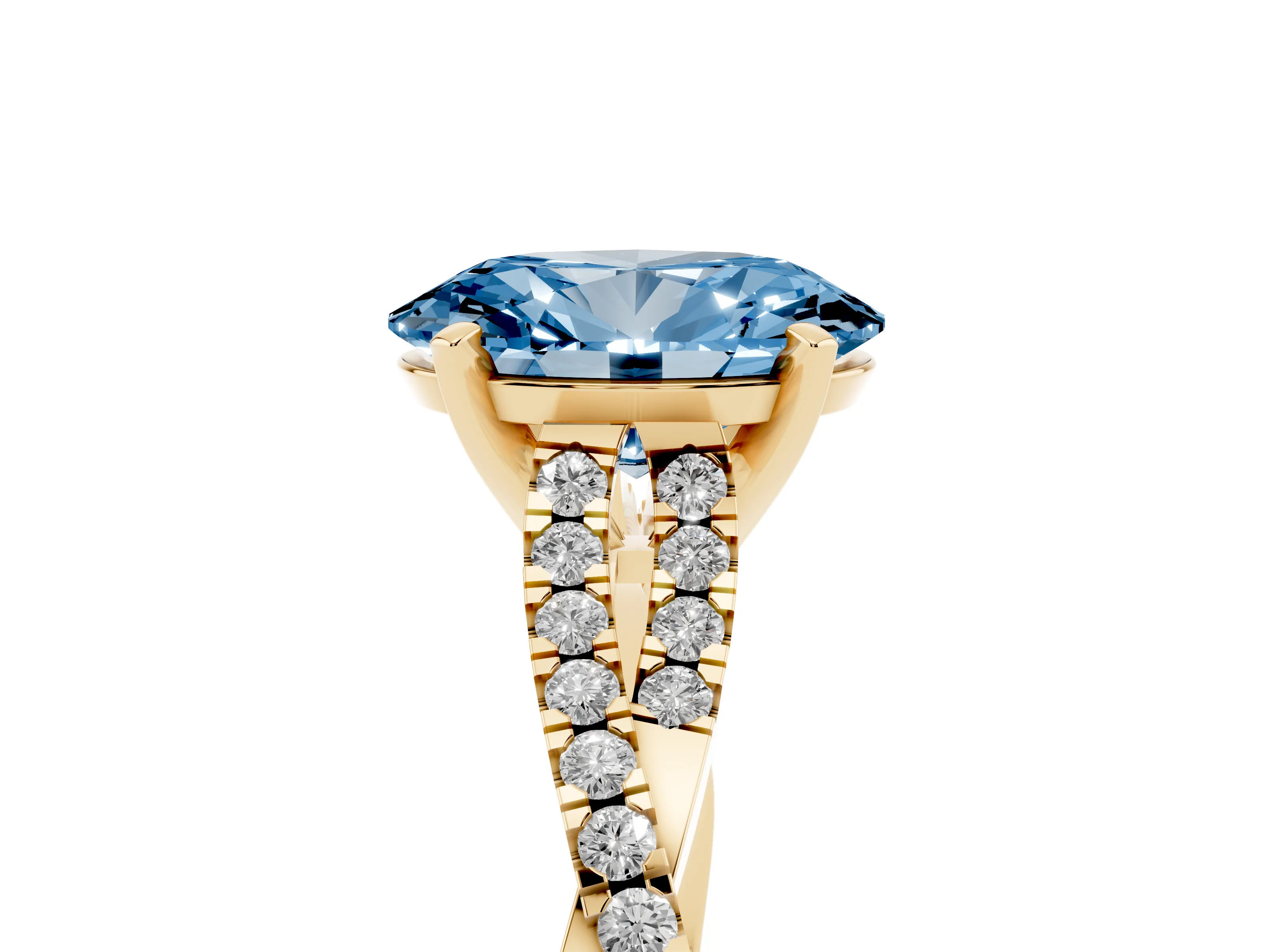 Fancy Blue Oval Cut Diamond Solitaire Engagement Ring Set in Yellow gold with Twisted Pavé Band and Prong Setting