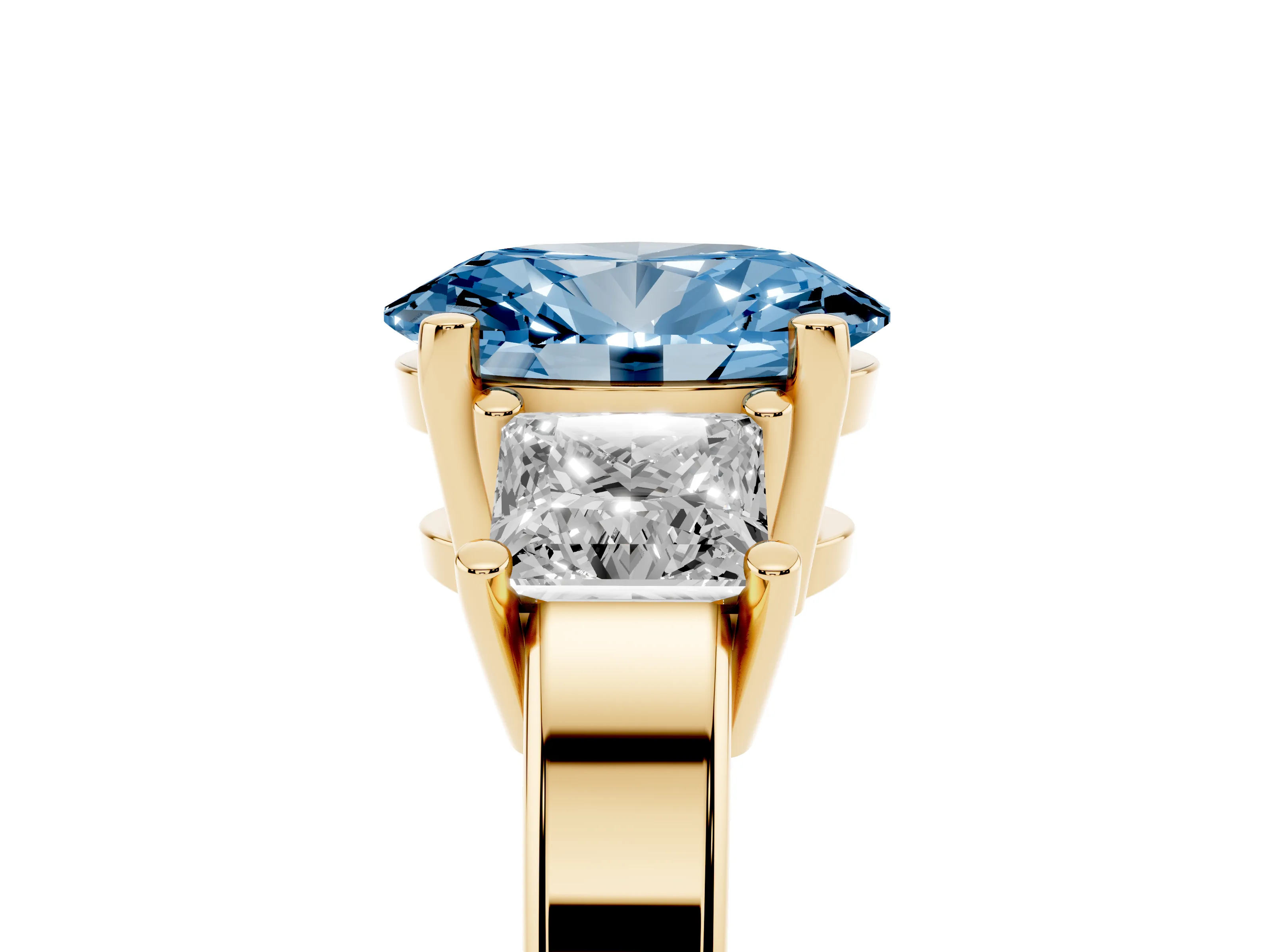 Fancy Blue Three-Stone Oval Cut Diamond Solitaire Ring Set in Yellow gold with Prong Setting
