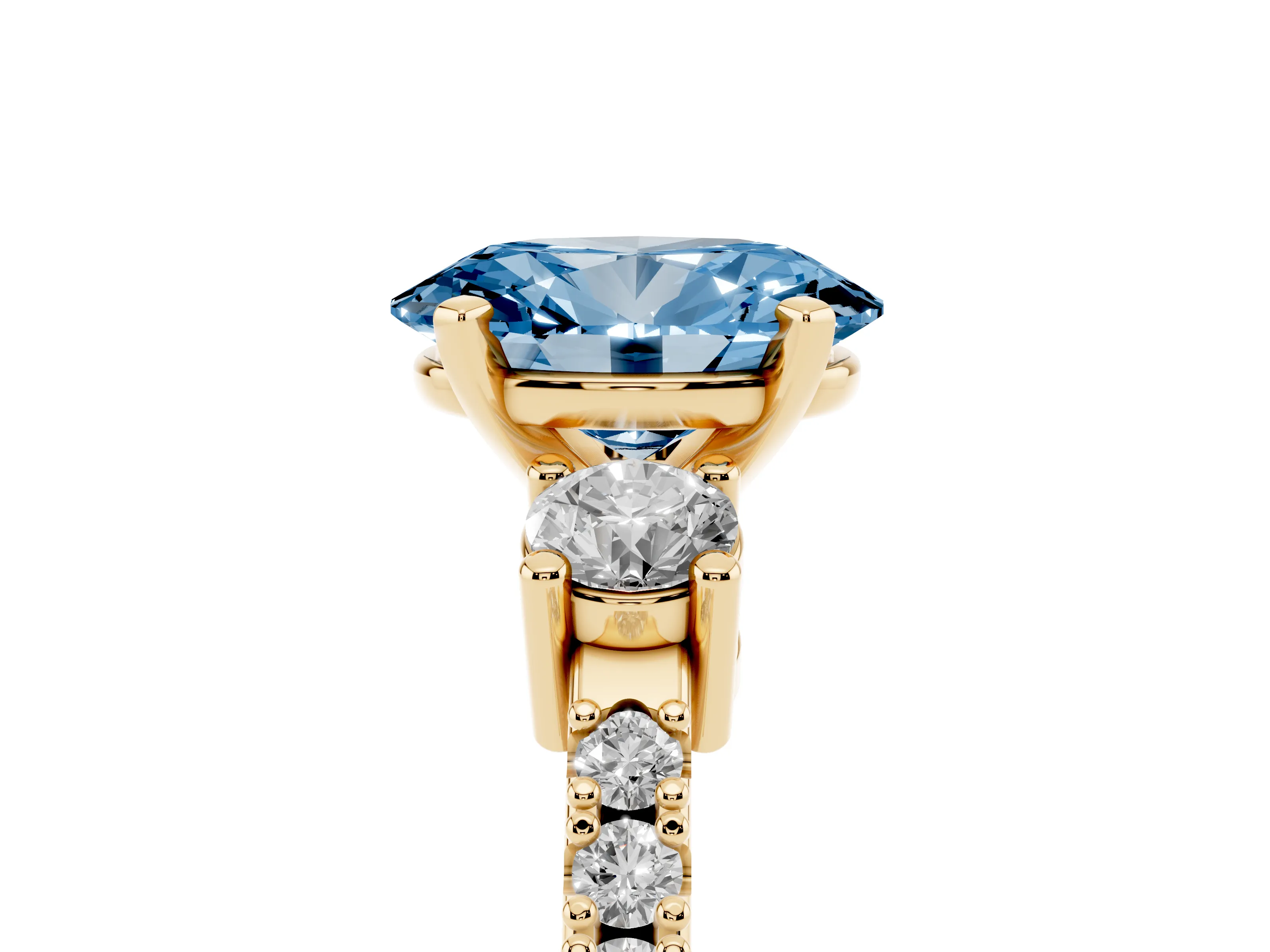 Fancy Blue Three-Stone Oval Cut Diamond Pavé Band Ring Set in Yellow gold with Prong Setting