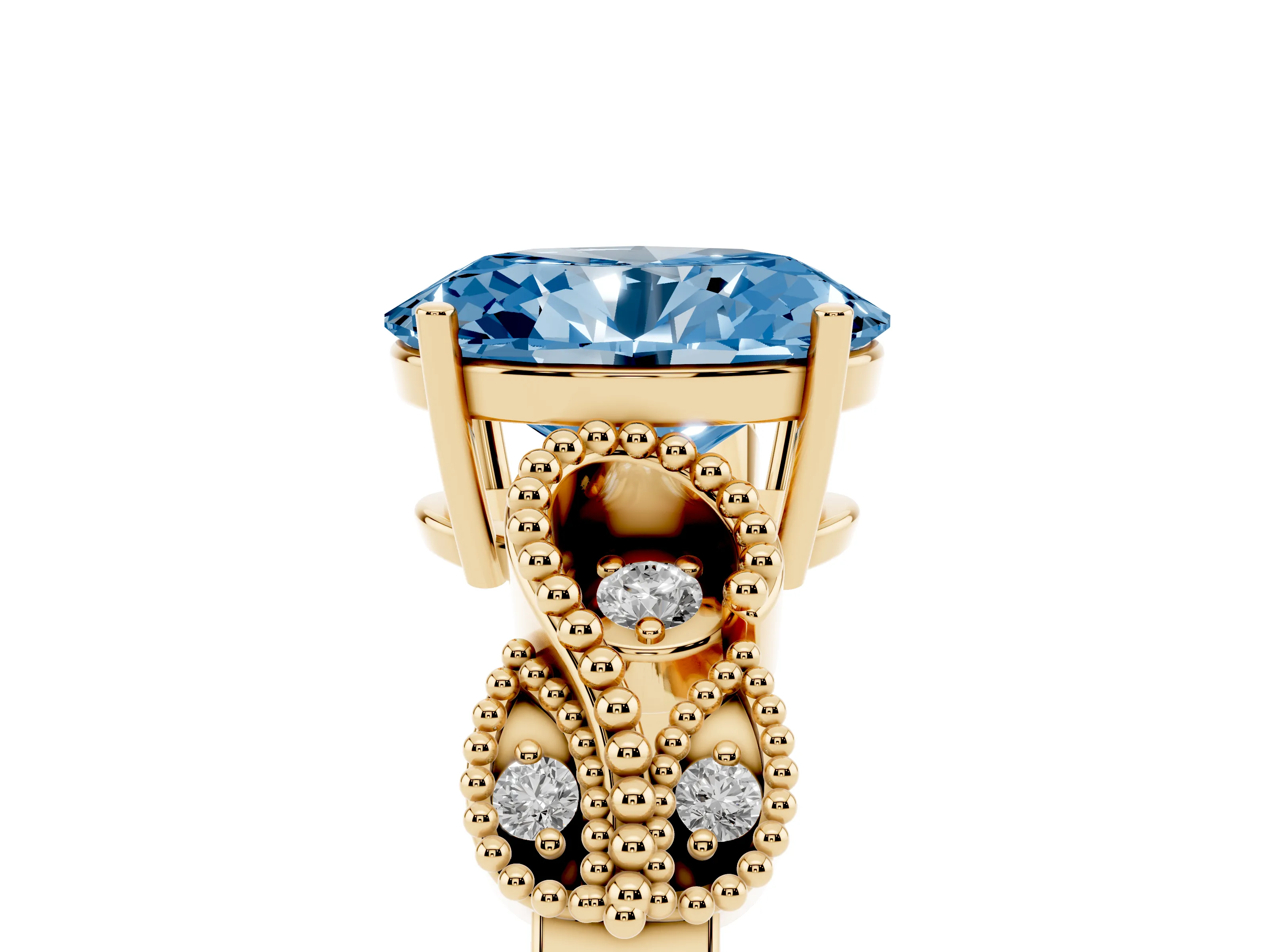 Fancy Blue Oval Cut Diamond Milgrain Leaf Band Solitaire Ring Set in Yellow gold with Accent Stones and Prong Setting