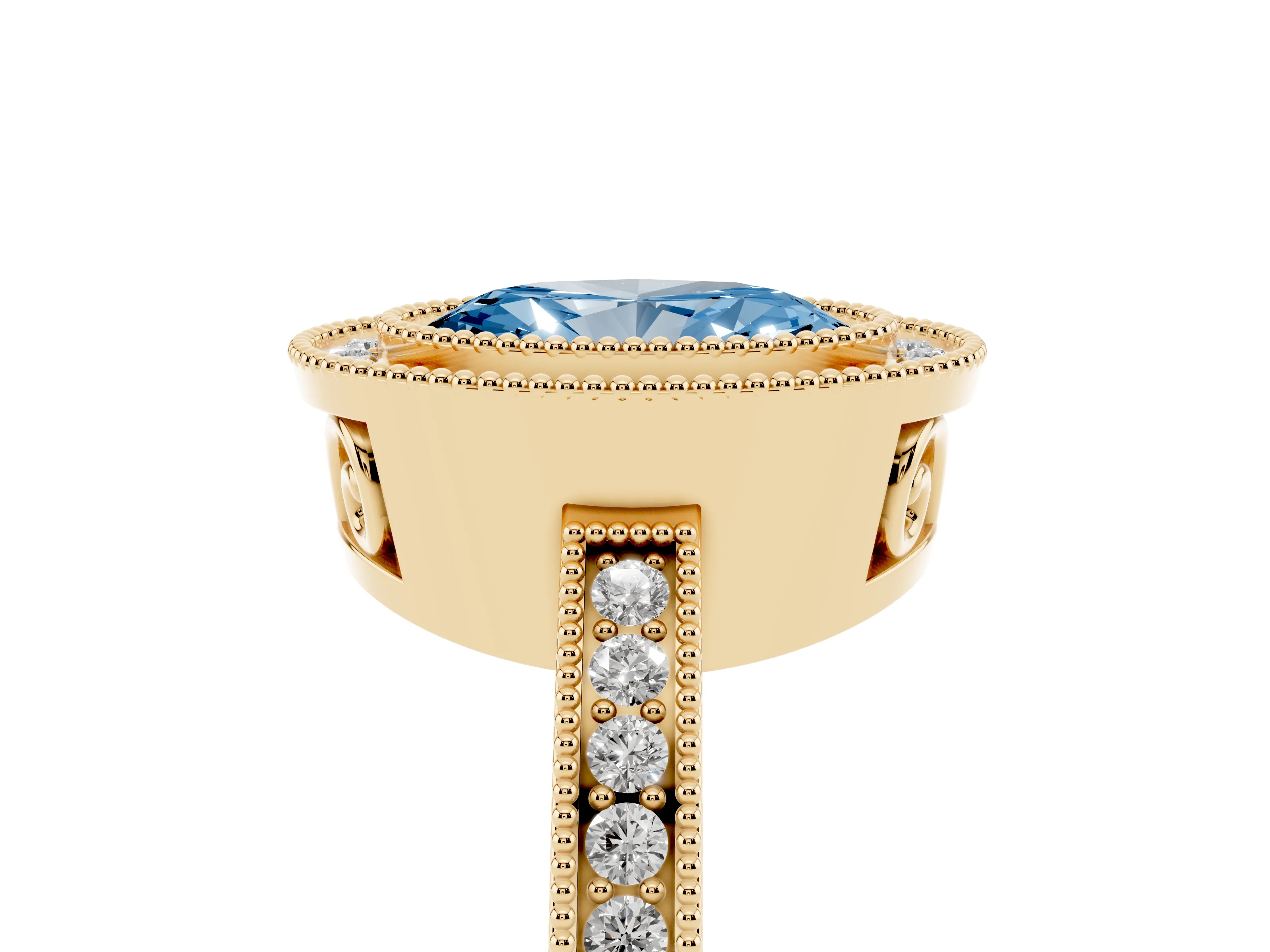 Fancy Blue Oval Cut Diamond Halo Ring Set in Yellow gold with Pavé Band and Milgrain-Edged Prongs