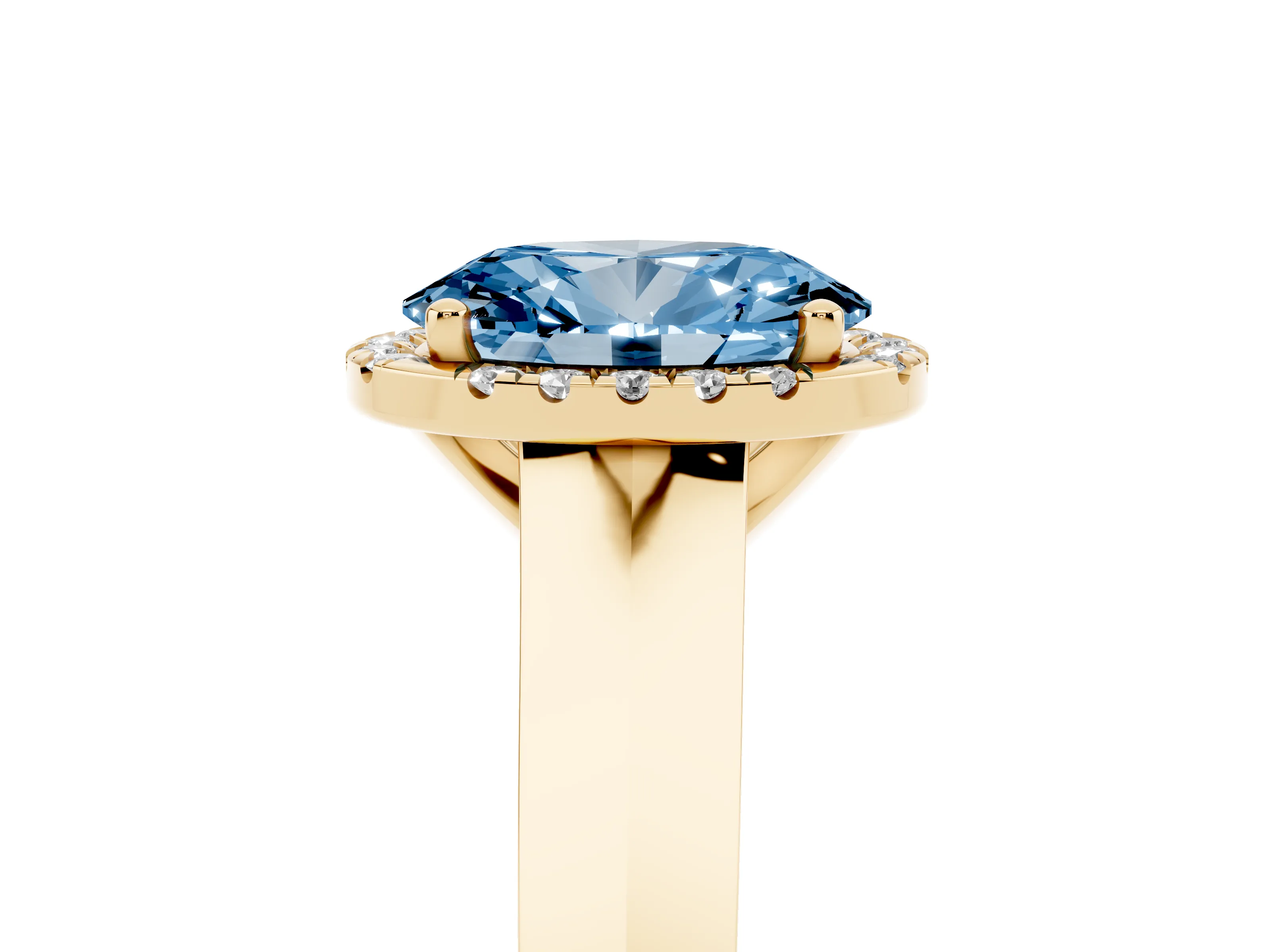 Fancy Blue Oval Cut Diamond Halo Ring Set in Yellow gold with Cathedral Band and Prong Setting